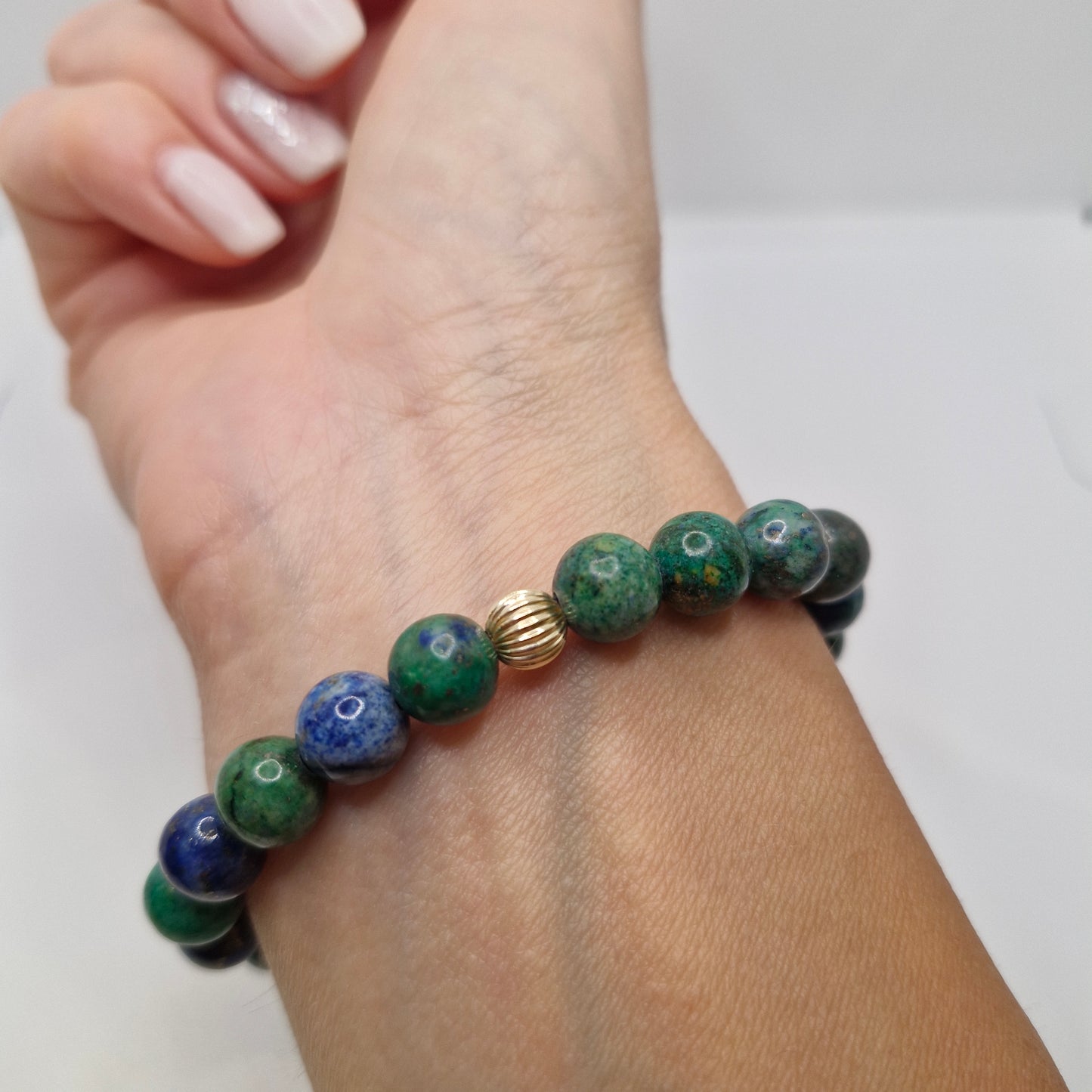 Blue-Green Chrysocolla Bracelet for Communication and Emotional Balance – 6mm or 8mm Dyed Gemstone Beads with Gold-Filled Accents