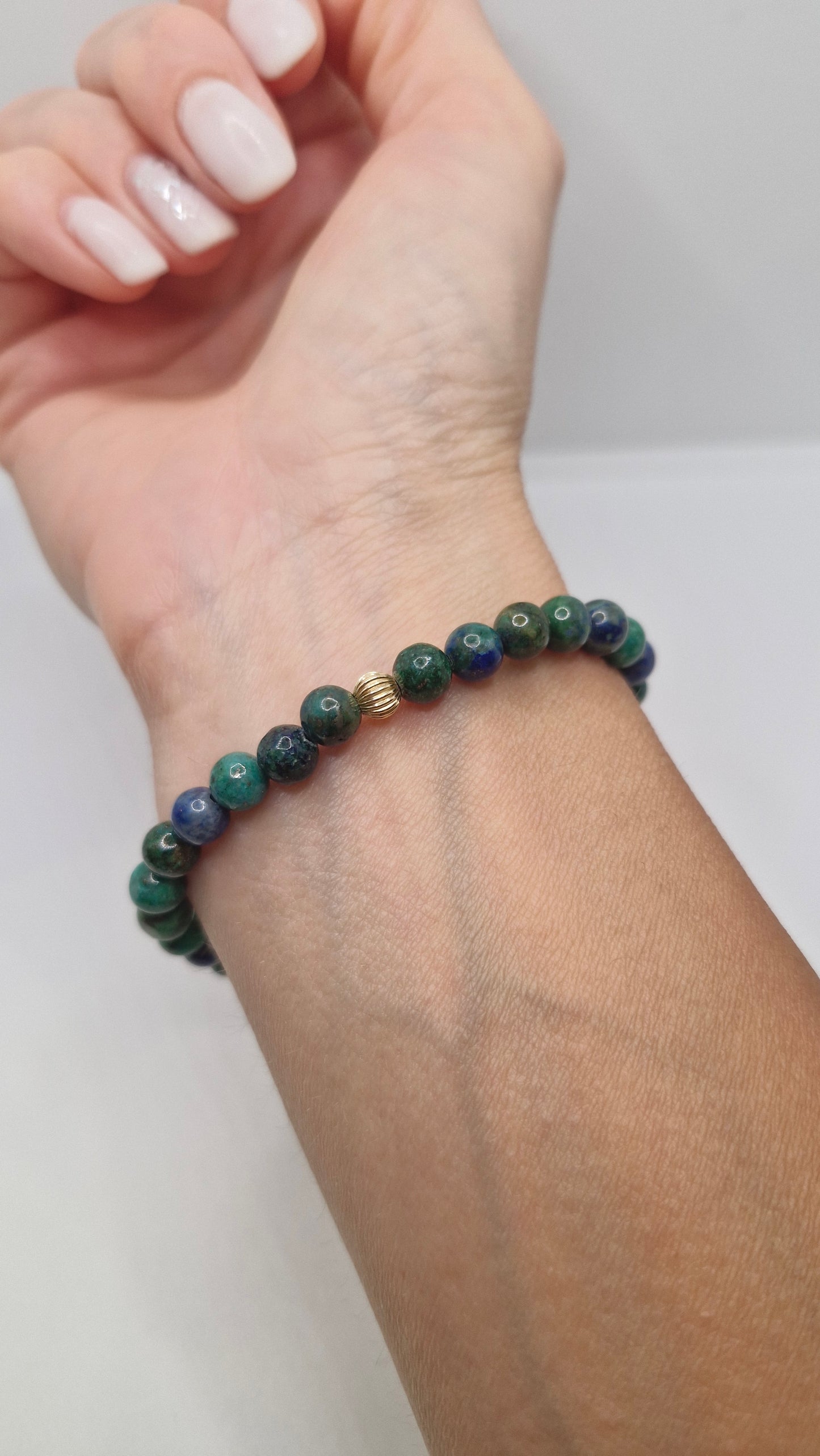 Blue-Green Chrysocolla Bracelet for Communication and Emotional Balance – 6mm or 8mm Dyed Gemstone Beads with Gold-Filled Accents