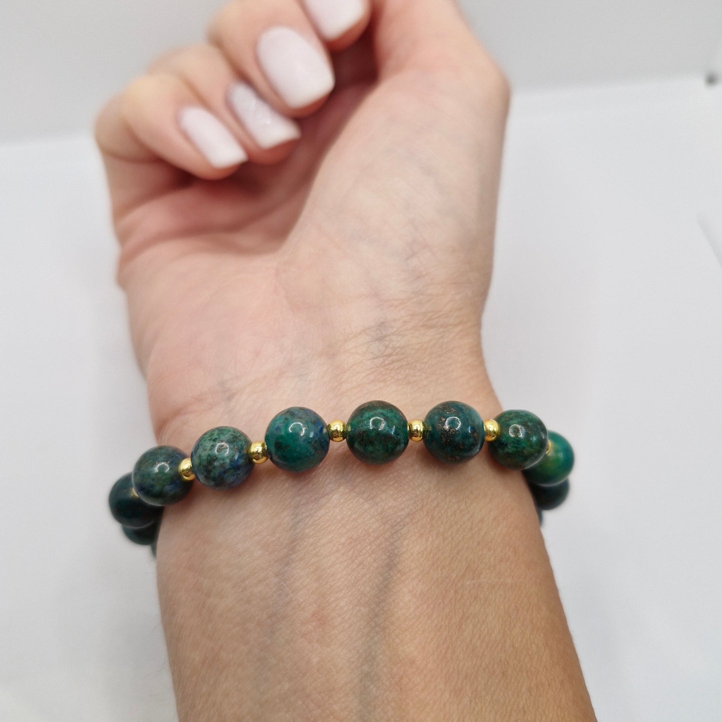 Stretch bracelet, gold plated beads and Chrysocolla 8mm natural gemstone ,blue/green