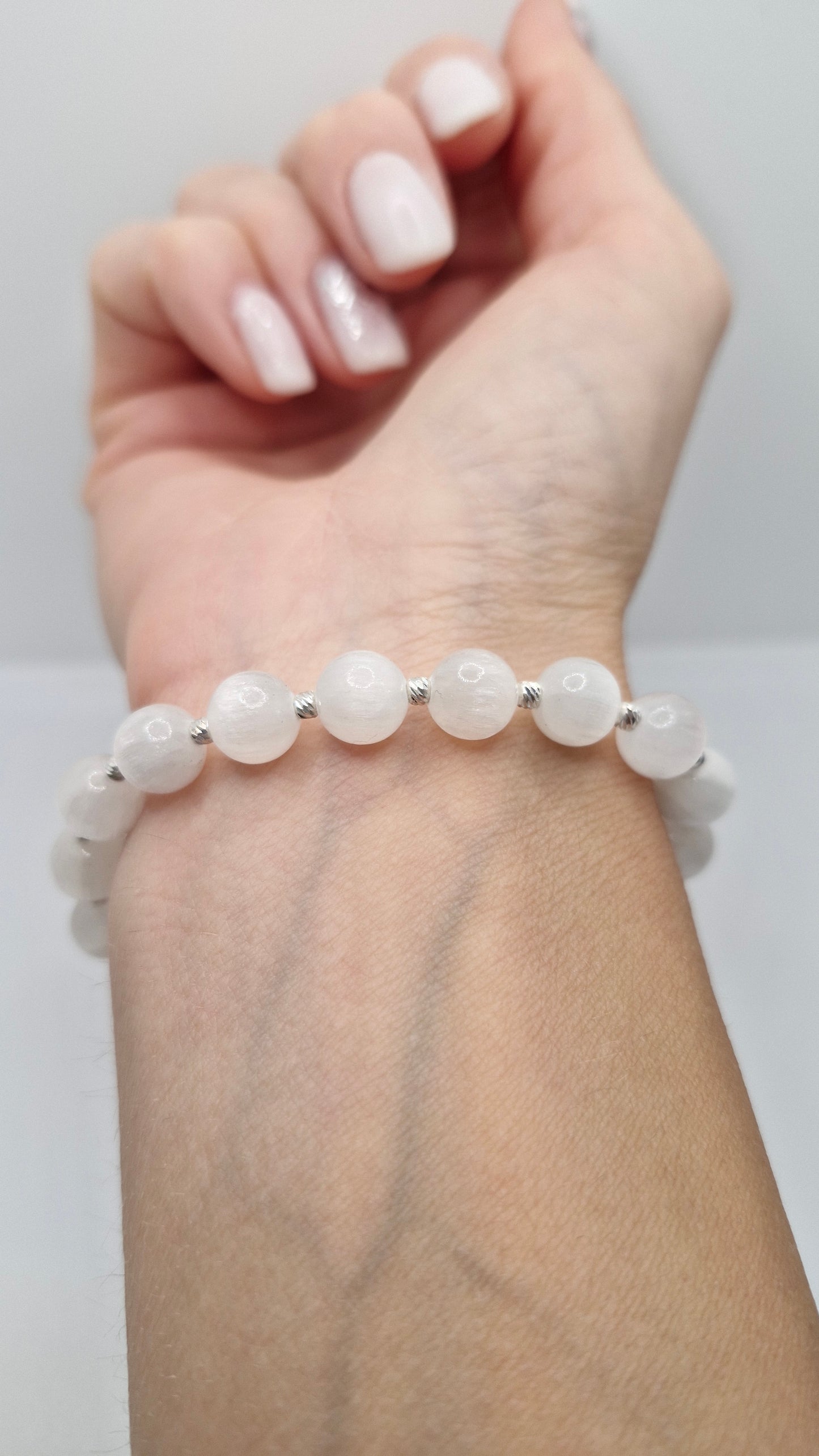 Selenite Stretch Bracelet with sterling silver accents 