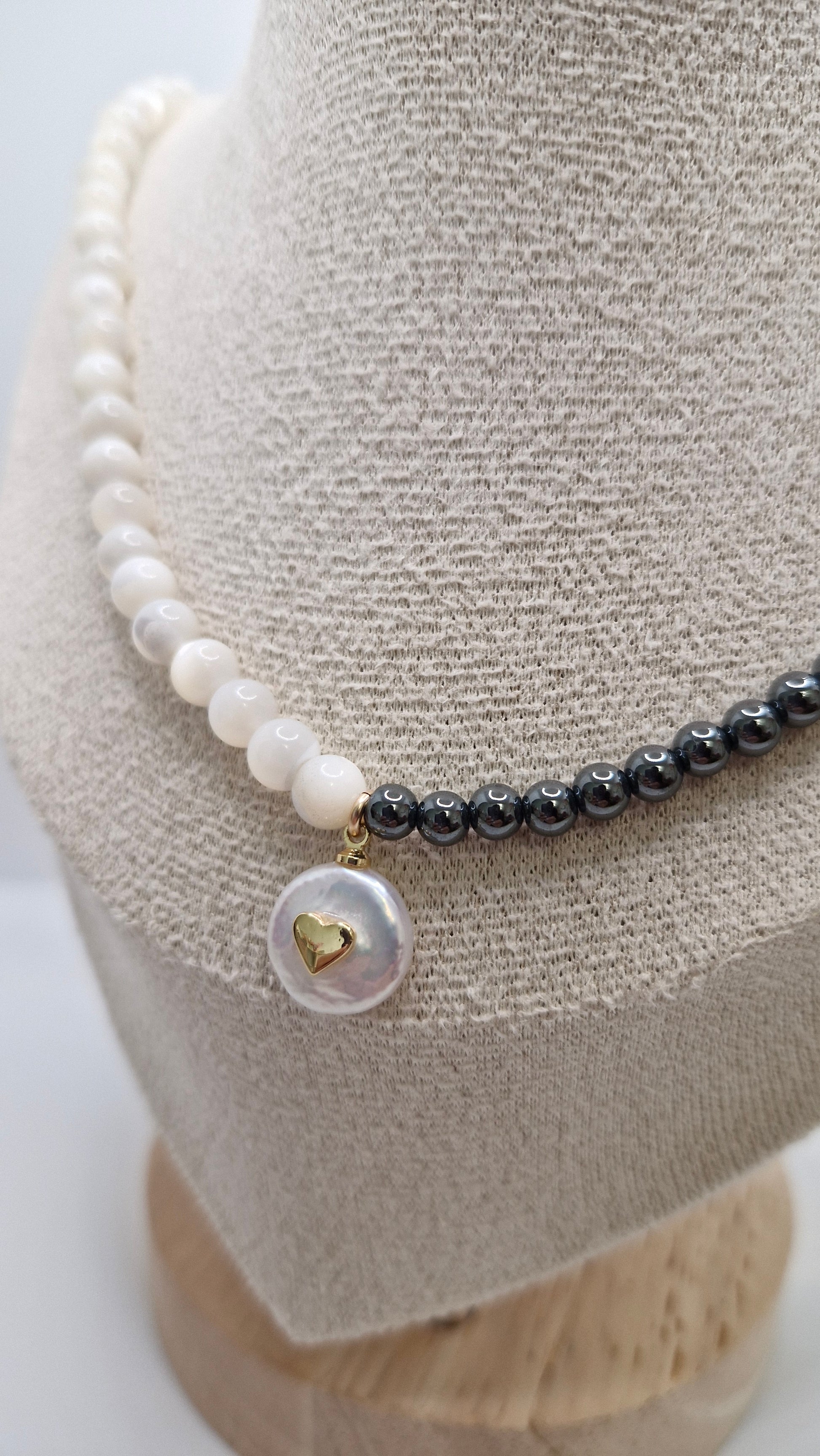 Close-up of Japanese Mother of Pearl beads and Grey Hematite with gold-filled clasp