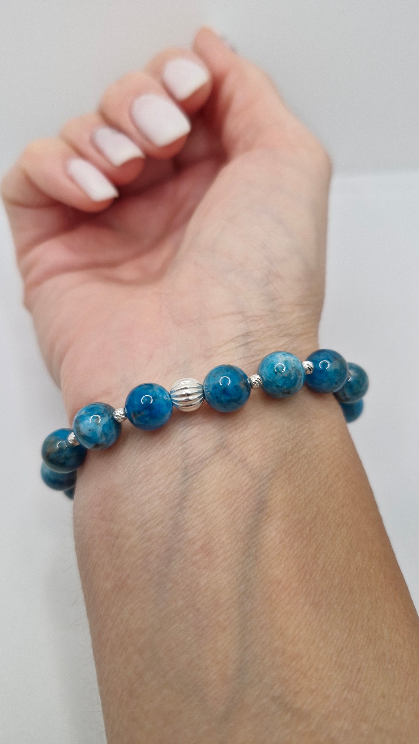 Blue Tiger Eye & Blue Apatite Stretch Bracelet for Confidence and Focus – 8mm Beads with Sterling Silver
