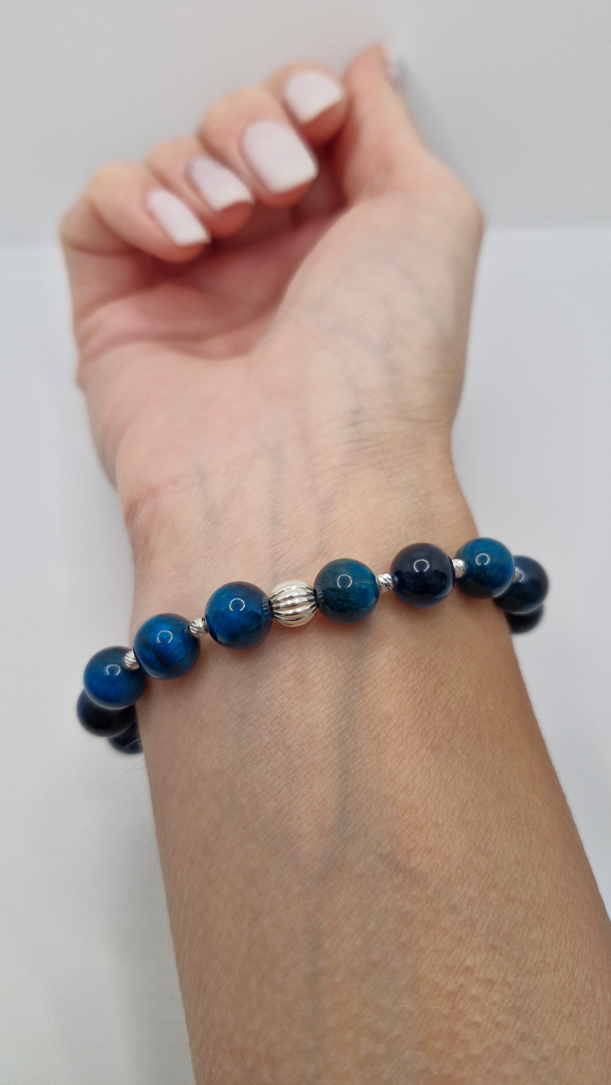 Blue Tiger Eye or Blue Apatite gemstone bracelet with sterling silver corrugated beads, handmade jewellery gift with Selenite.