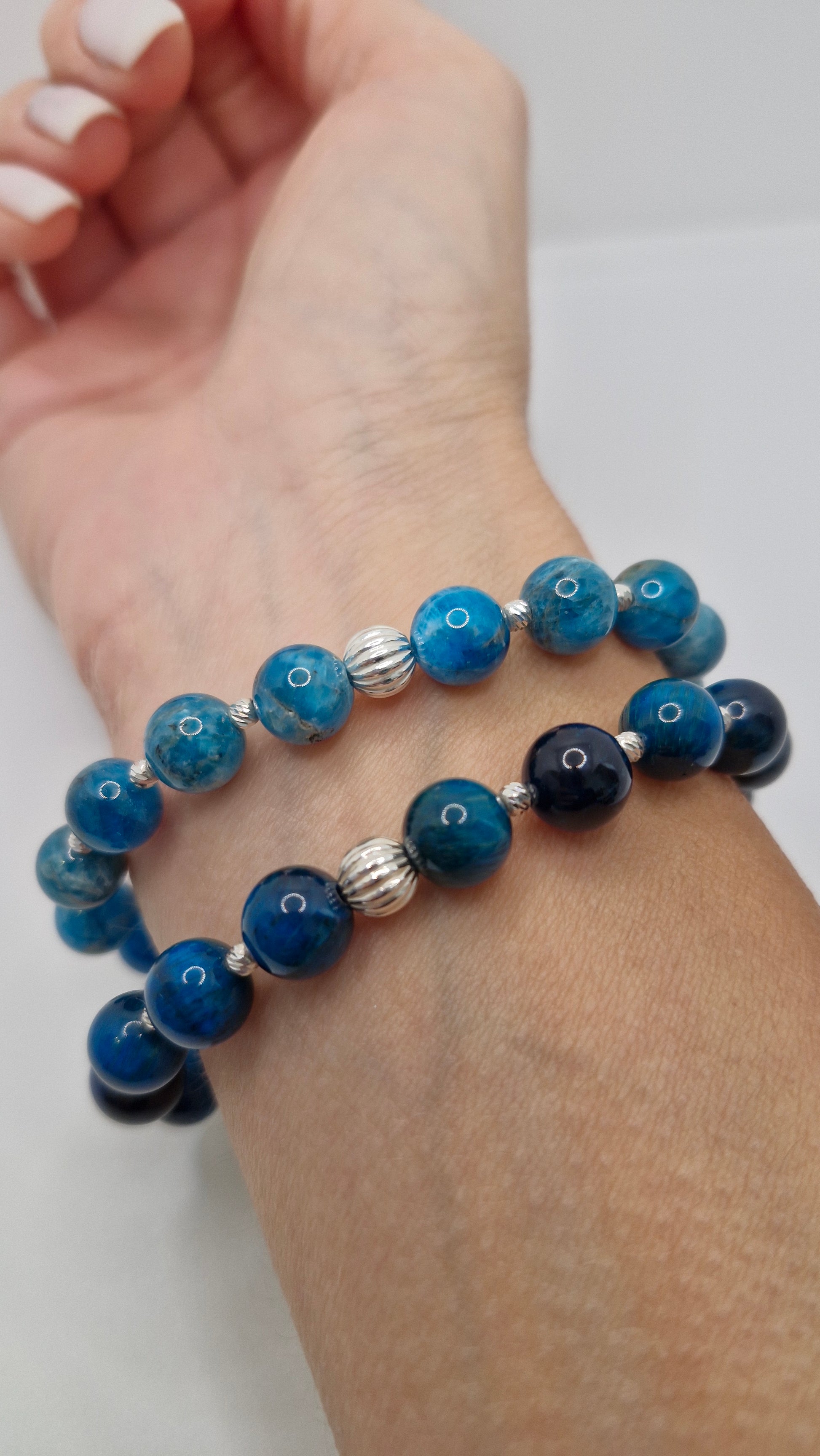 Handmade 8mm gemstone bracelet, Blue Tiger Eye or Blue Apatite, sterling silver beads, includes free Selenite strip.