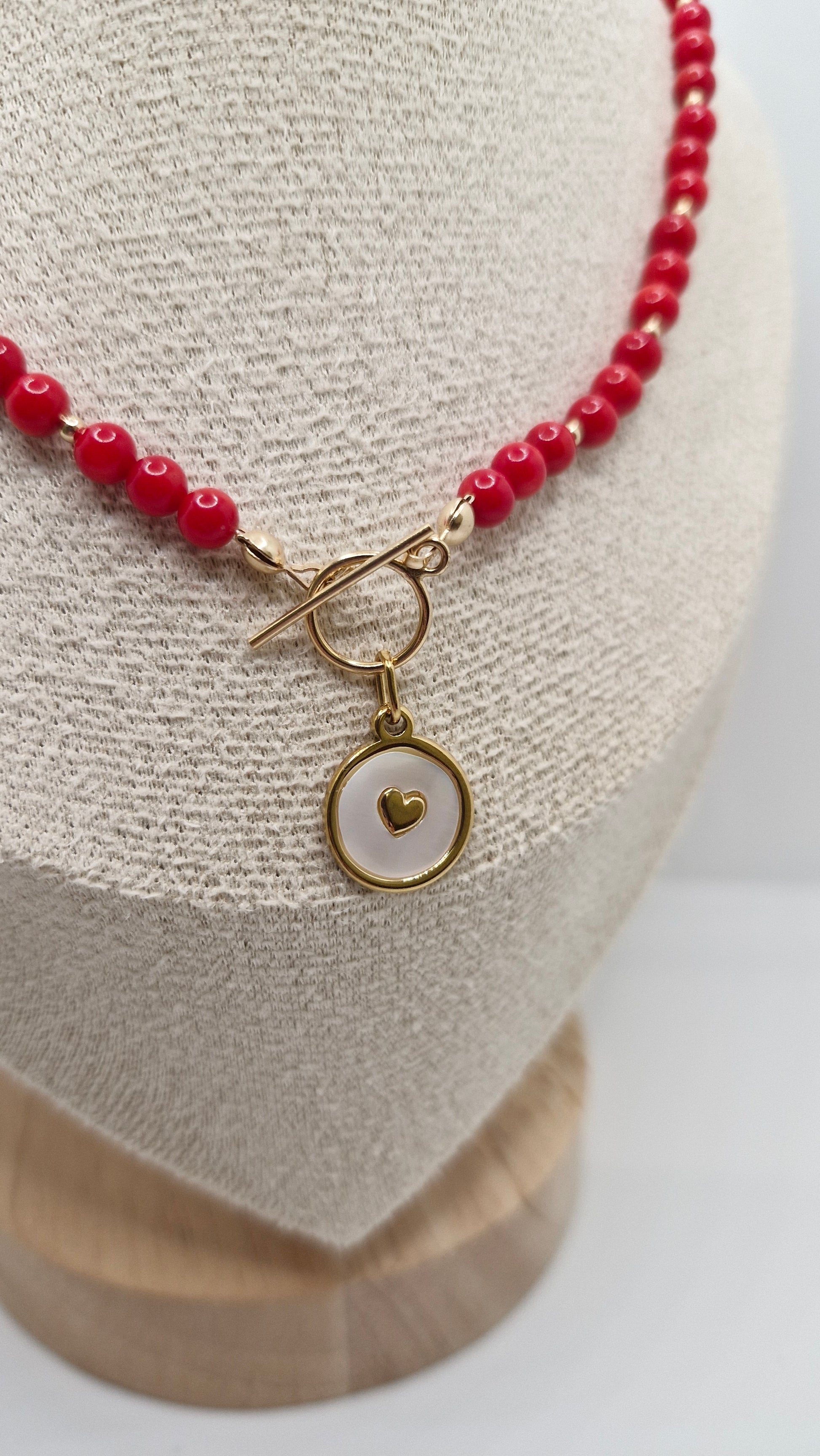 Elegant Red Bamboo Coral necklace with heart clasp, handmade jewellery for passion and vitality