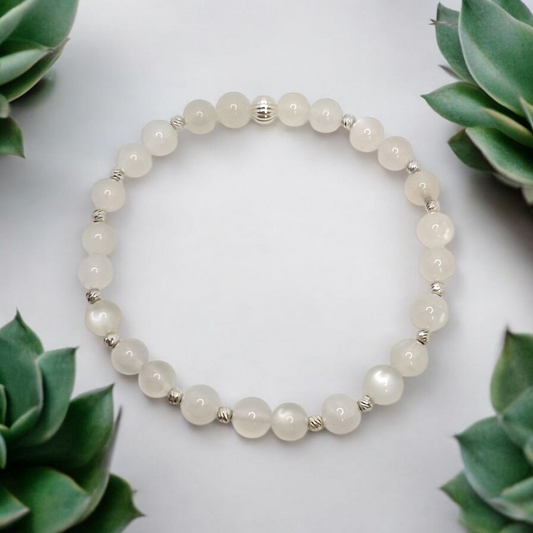 Handmade White Moonstone stretch bracelet with 6mm natural gemstones and sterling silver corrugated beads
