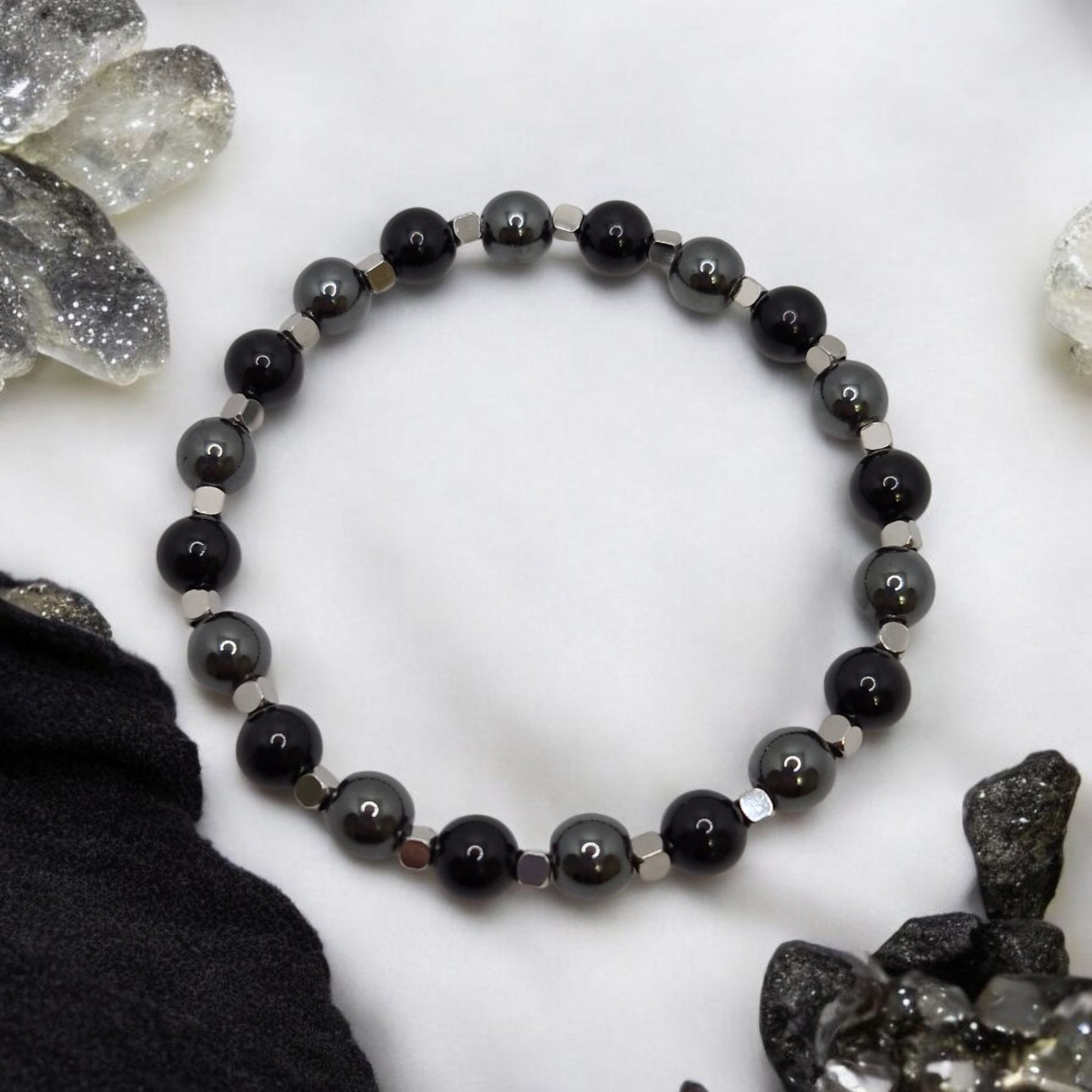 Handmade Black Tourmaline and Hematite stretch bracelet with silver-tone accent beads