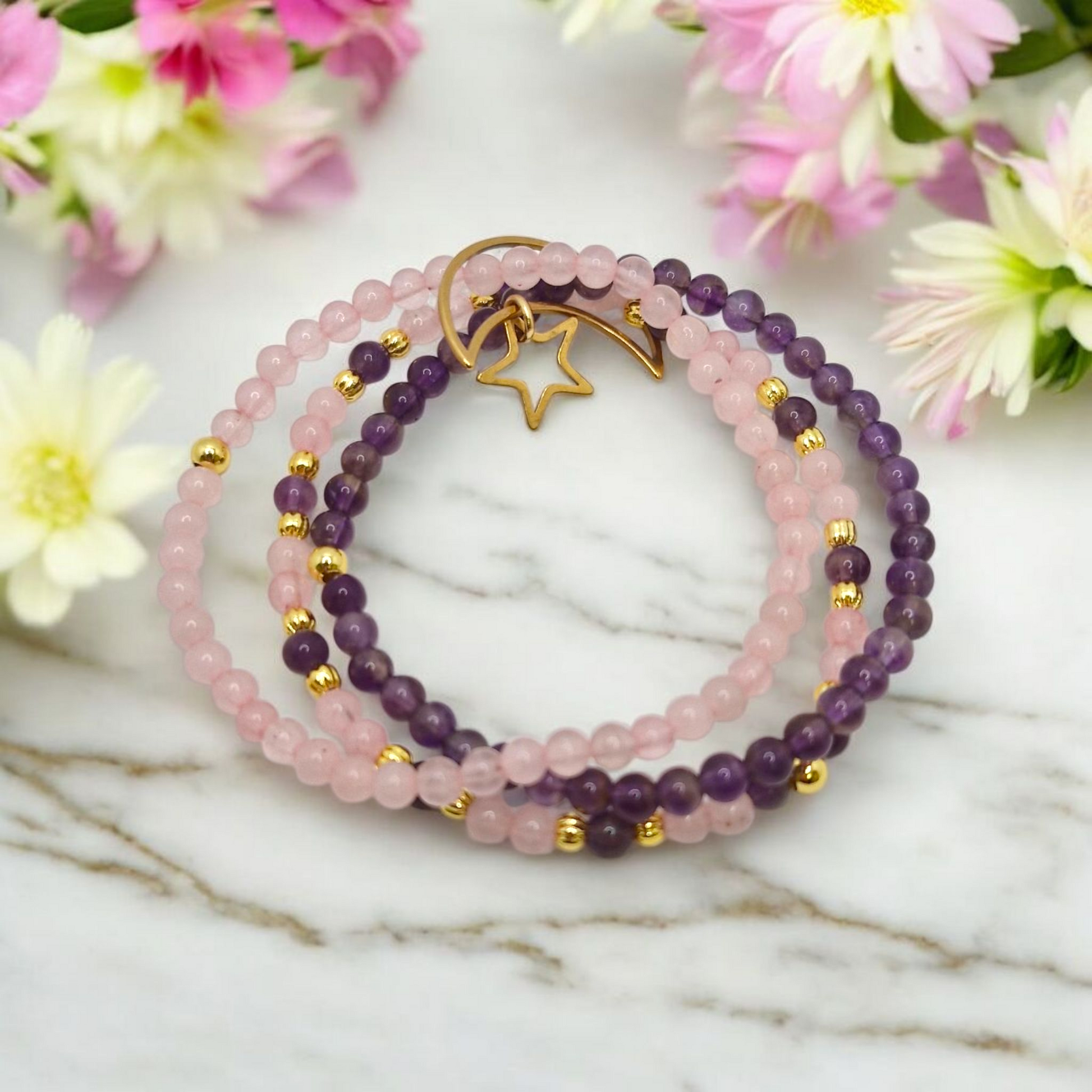 Triple gemstone bracelet with natural Brazilian Amethyst and Rose Quartz 4mm beads and gold-plated corrugated accents
