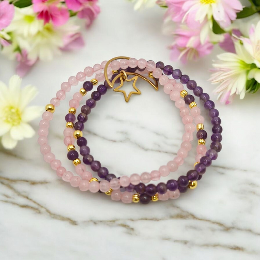 Triple gemstone bracelet with natural Brazilian Amethyst and Rose Quartz 4mm beads and gold-plated corrugated accents