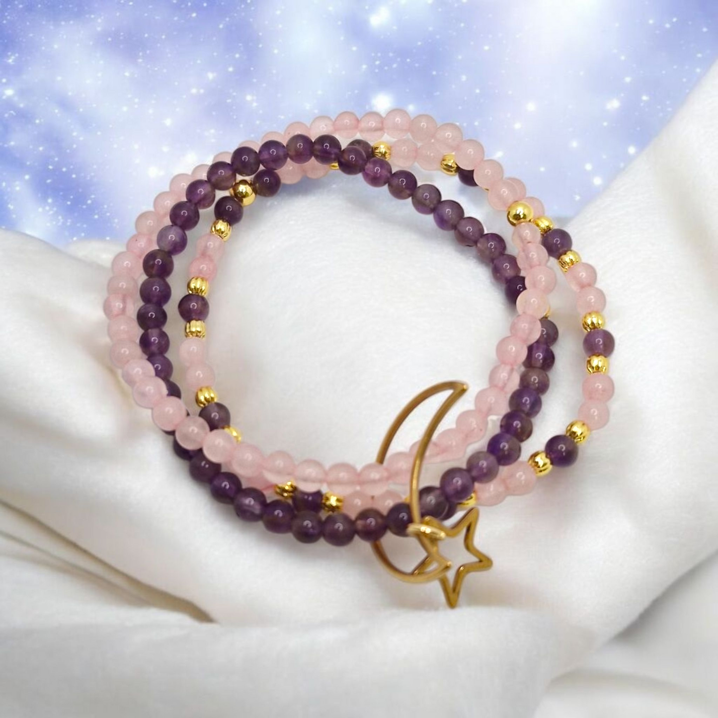 Close-up of Amethyst and Rose Quartz beads with 3mm and 4mm gold-plated corrugated beads and Moon & Star charm