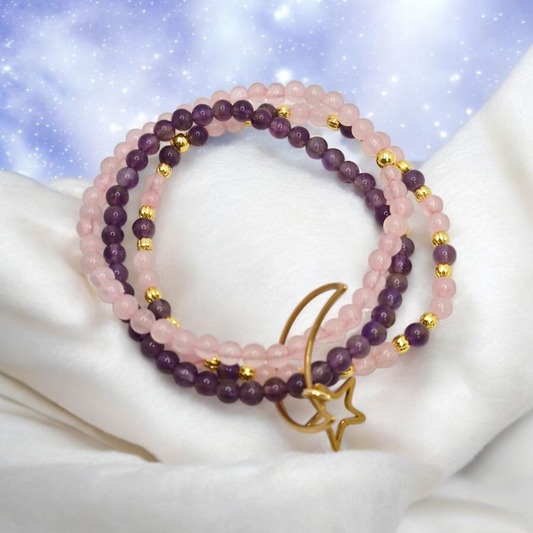 Close-up of Amethyst and Rose Quartz beads with 3mm and 4mm gold-plated corrugated beads and Moon & Star charm
