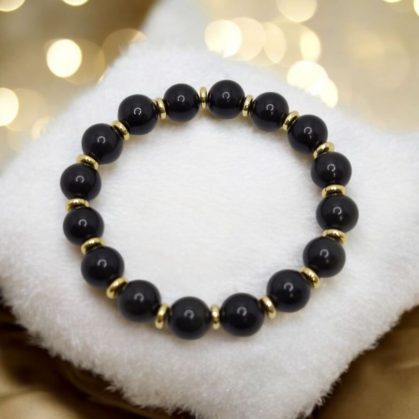 Handmade Black Rainbow Obsidian bracelet with 10mm natural gemstone beads and 6mm gold-plated brass disk accents
