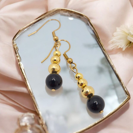 Handmade Black Tourmaline earrings with 8mm natural gemstones and gold-plated stainless steel hooks