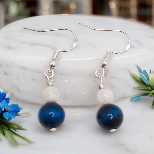 Mother of Pearl & Blue Tiger Eye Earrings for Harmony and Confidence – Sterling Silver & Stainless Steel, Handmade Gemstone Jewellery