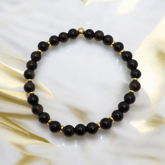 Handmade Black Rainbow Obsidian bracelet with 6mm natural gemstones and gold-plated brass accents