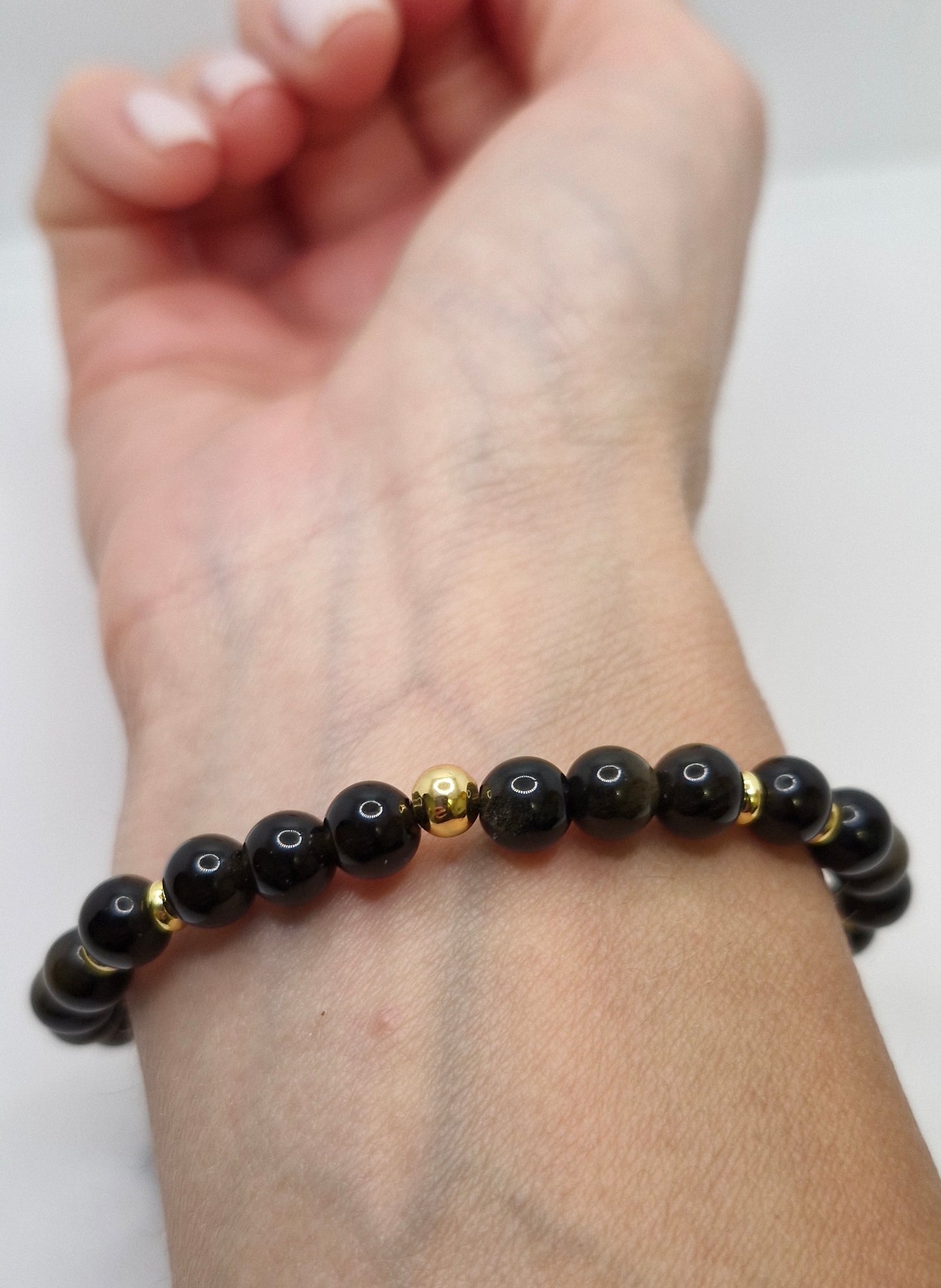 Natural Black Rainbow Obsidian gemstone bracelet, handcrafted with golden disk and round beads