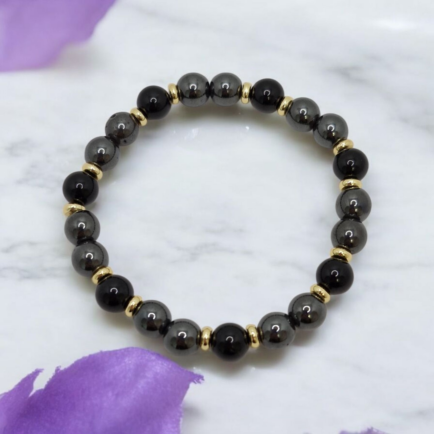 Handmade Black Tourmaline and Hematite bracelet with 8mm natural beads and 5mm gold-plated brass spacer