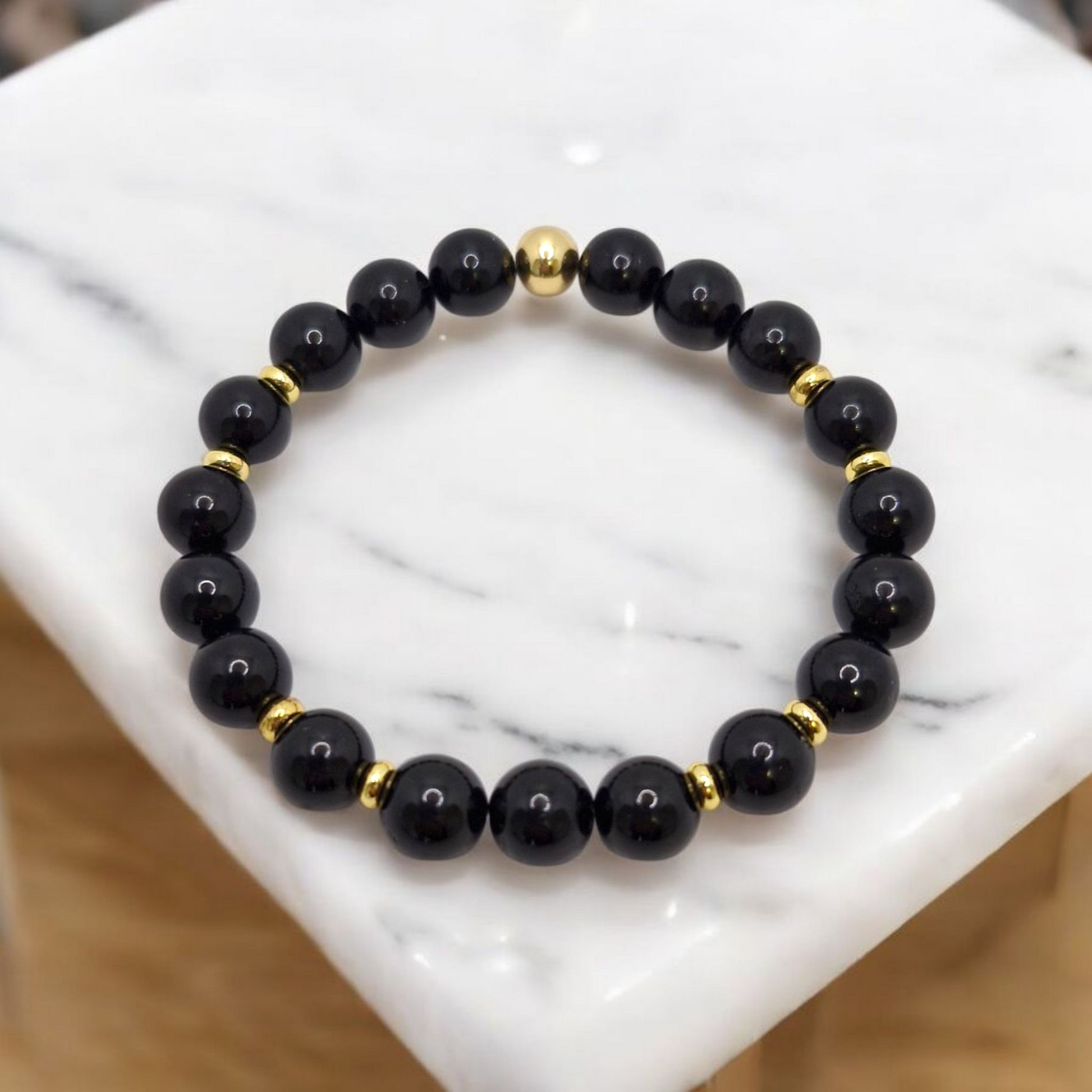 Handmade Black Tourmaline bracelet with 8mm natural gemstones and gold-plated brass disk accents