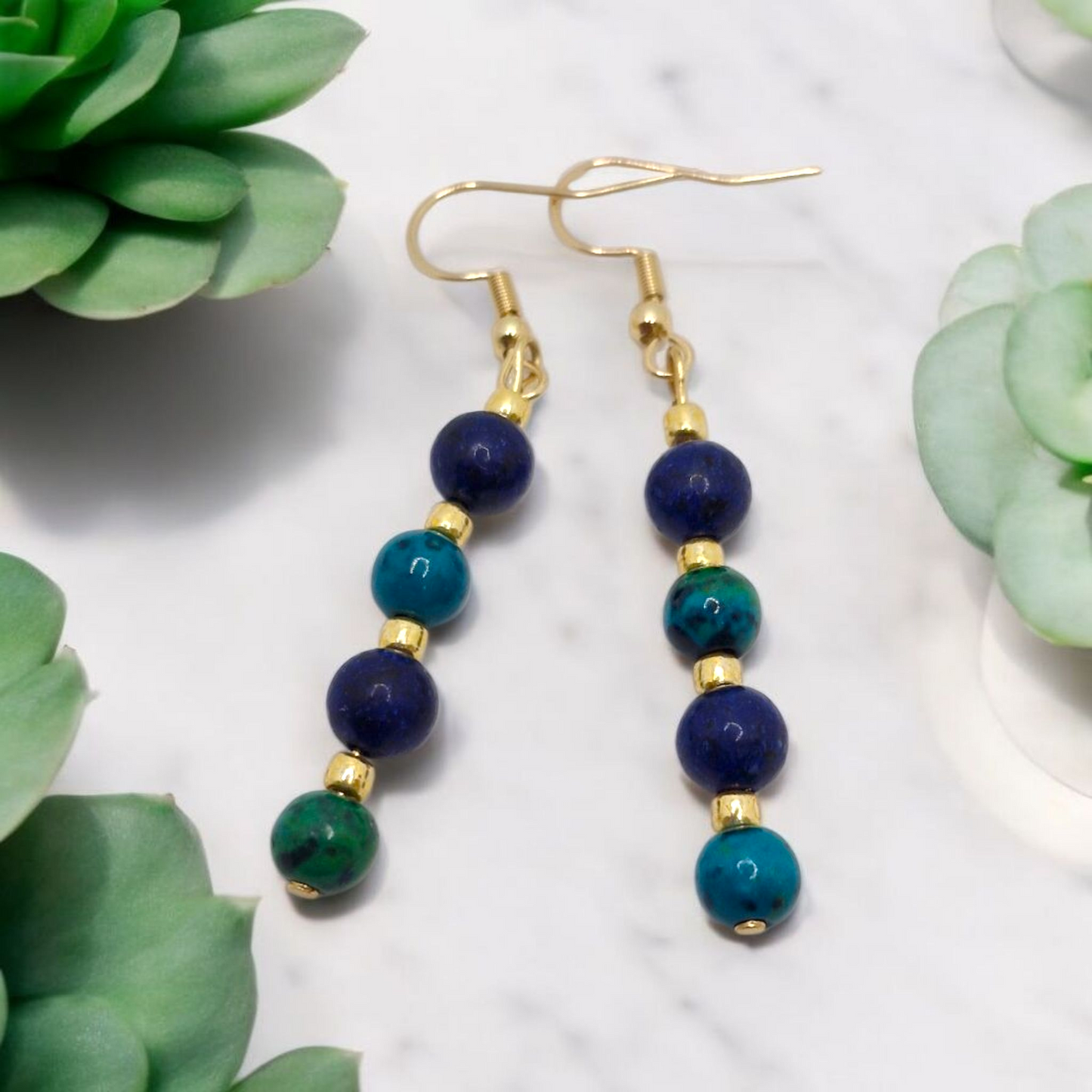 Unique handmade earrings with 6mm Lapis Lazuli and 6mm Chrysocolla gemstones, accented by Toho beads and gold-plated stainless steel hooks – calming and stylish duo