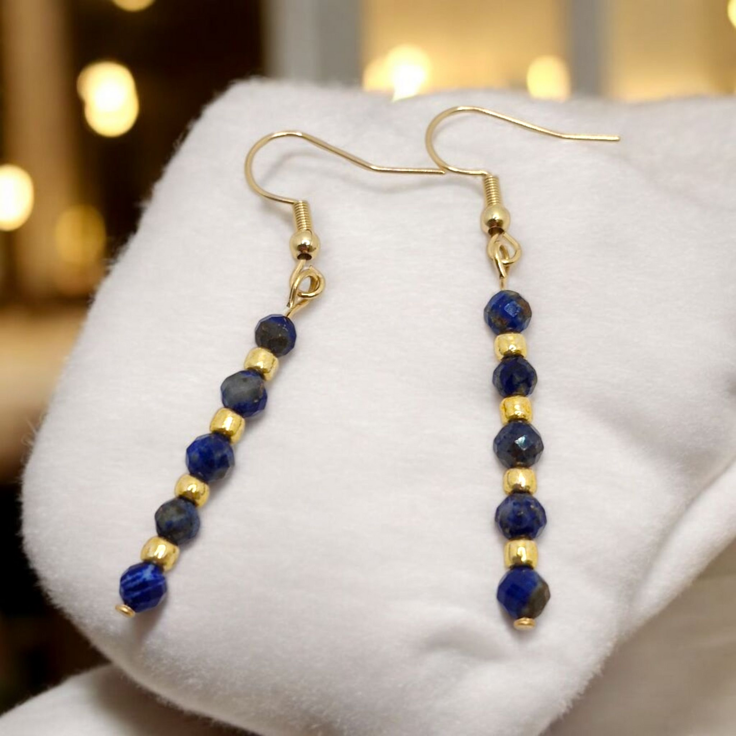 Delicate faceted 4mm Lapis Lazuli gemstone earrings with Toho seed beads on hypoallergenic gold-plated hooks – minimal and sparkly handmade jewellery