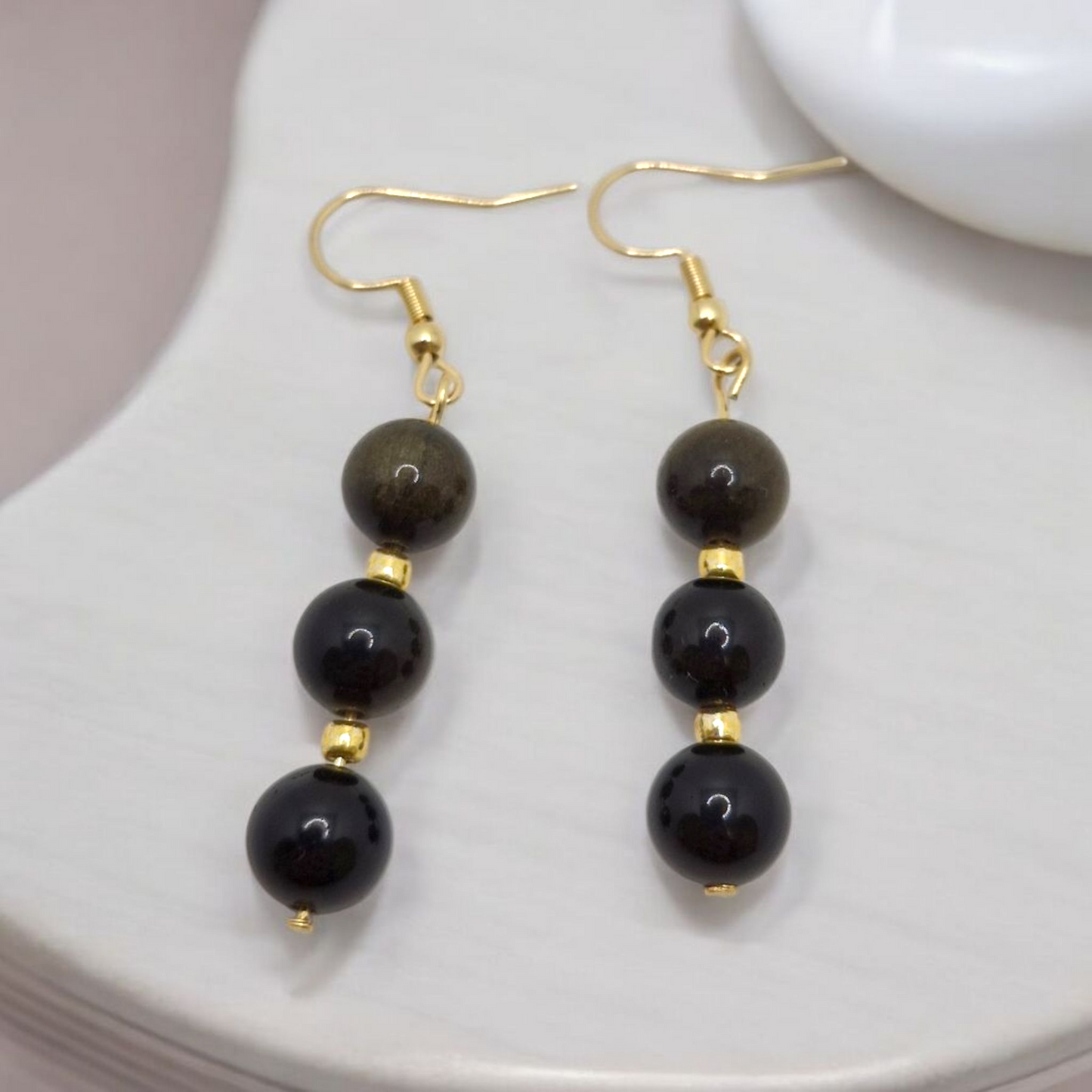 Handmade Golden Obsidian gemstone earrings with 3mm Toho beads on hypoallergenic gold-plated stainless steel hooks