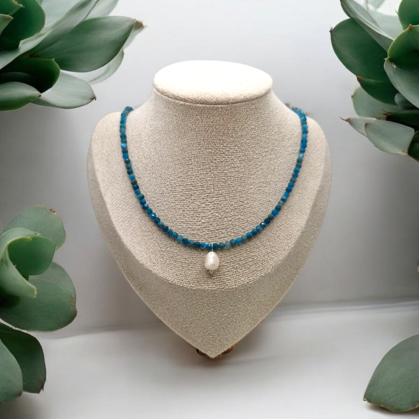 Dainty Sterling Silver Necklace with Blue Apatite Beads and Natural Freshwater Pearl