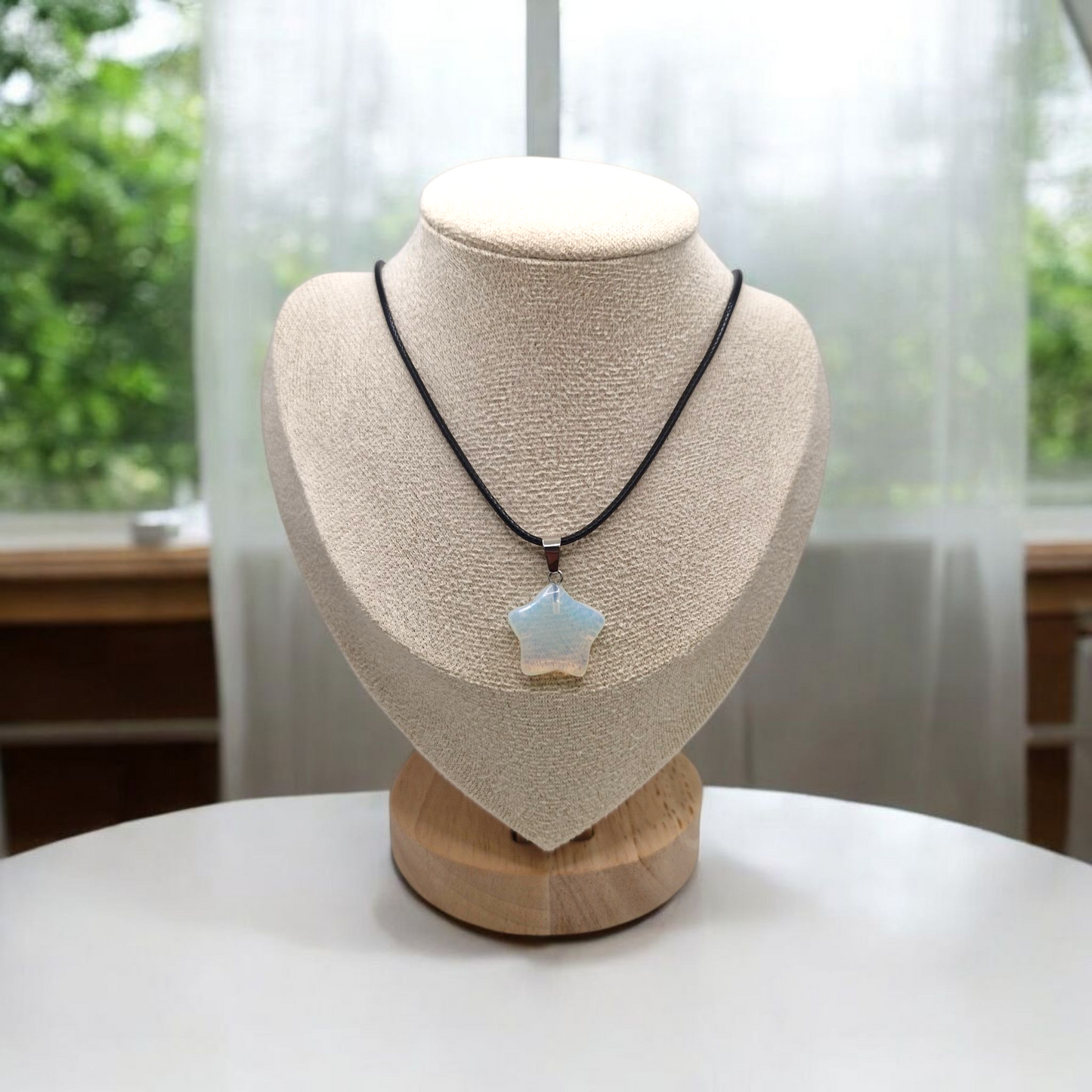 Clear Opalite star pendant necklace on adjustable black cord, handmade gemstone jewellery for clarity and peace