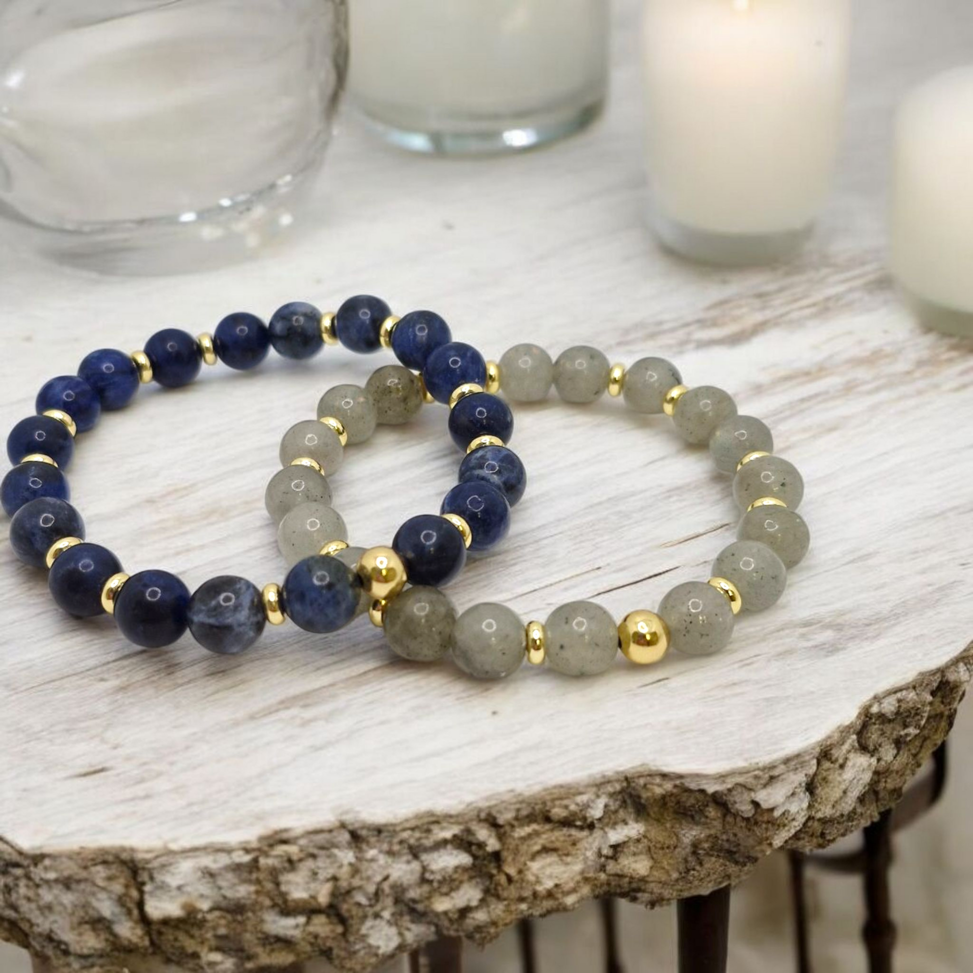 Sodalite and Labradorite gemstone bracelets with gold-plated spacer and center beads, elegant handcrafted stretch designs for clarity and balance.