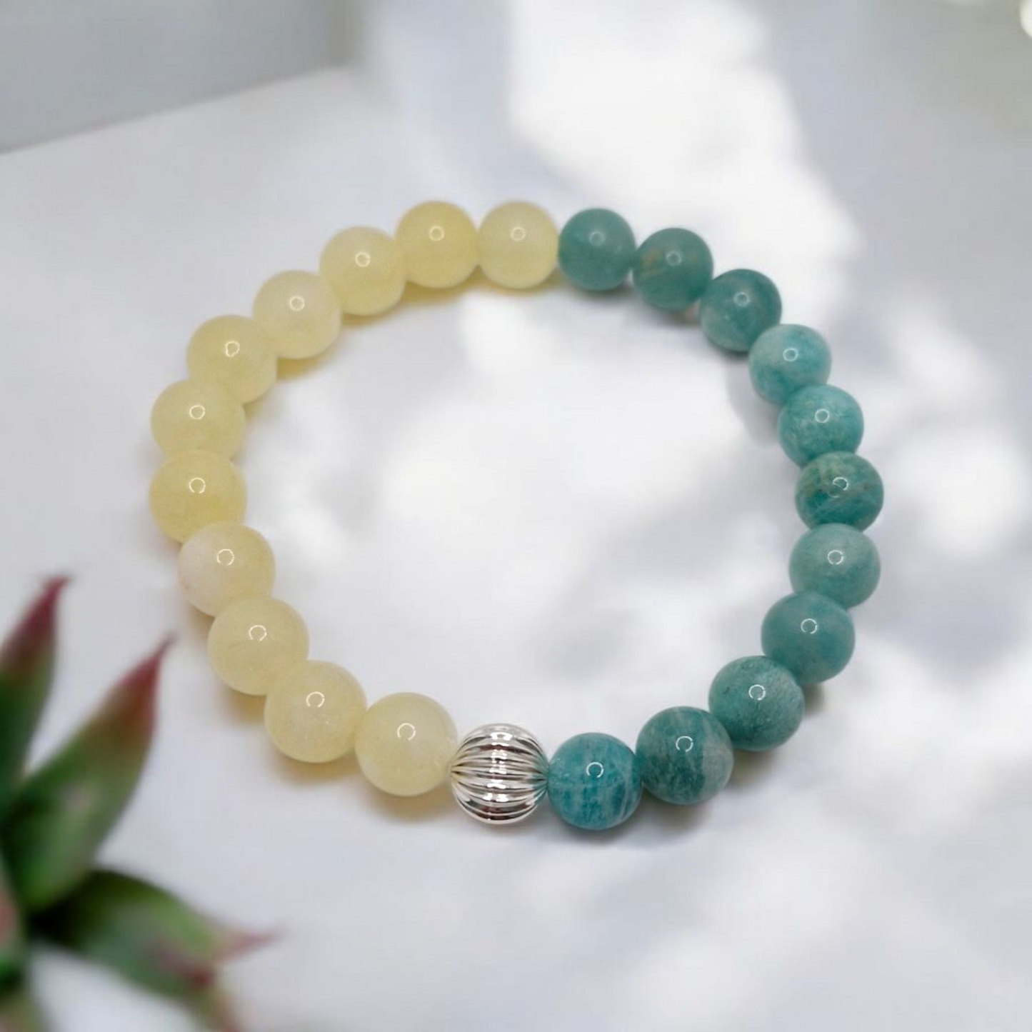 Dual Gemstone Bracelet featuring Natural Citrine and Amazonite 8mm beads with corrugated accent bead, symbolizing joy and calm.