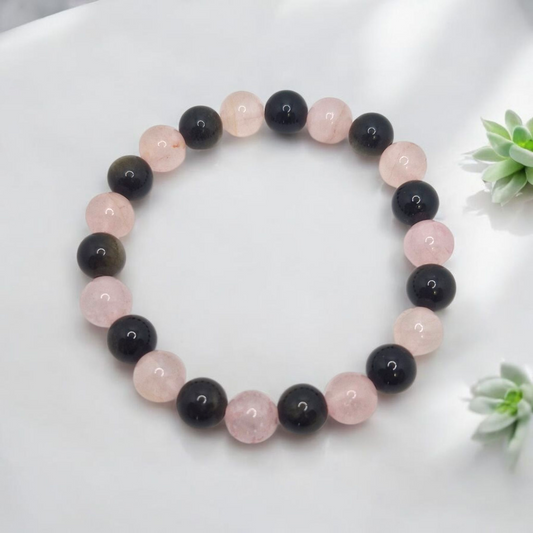 Rose Quartz and obsidian stretch bracelet 