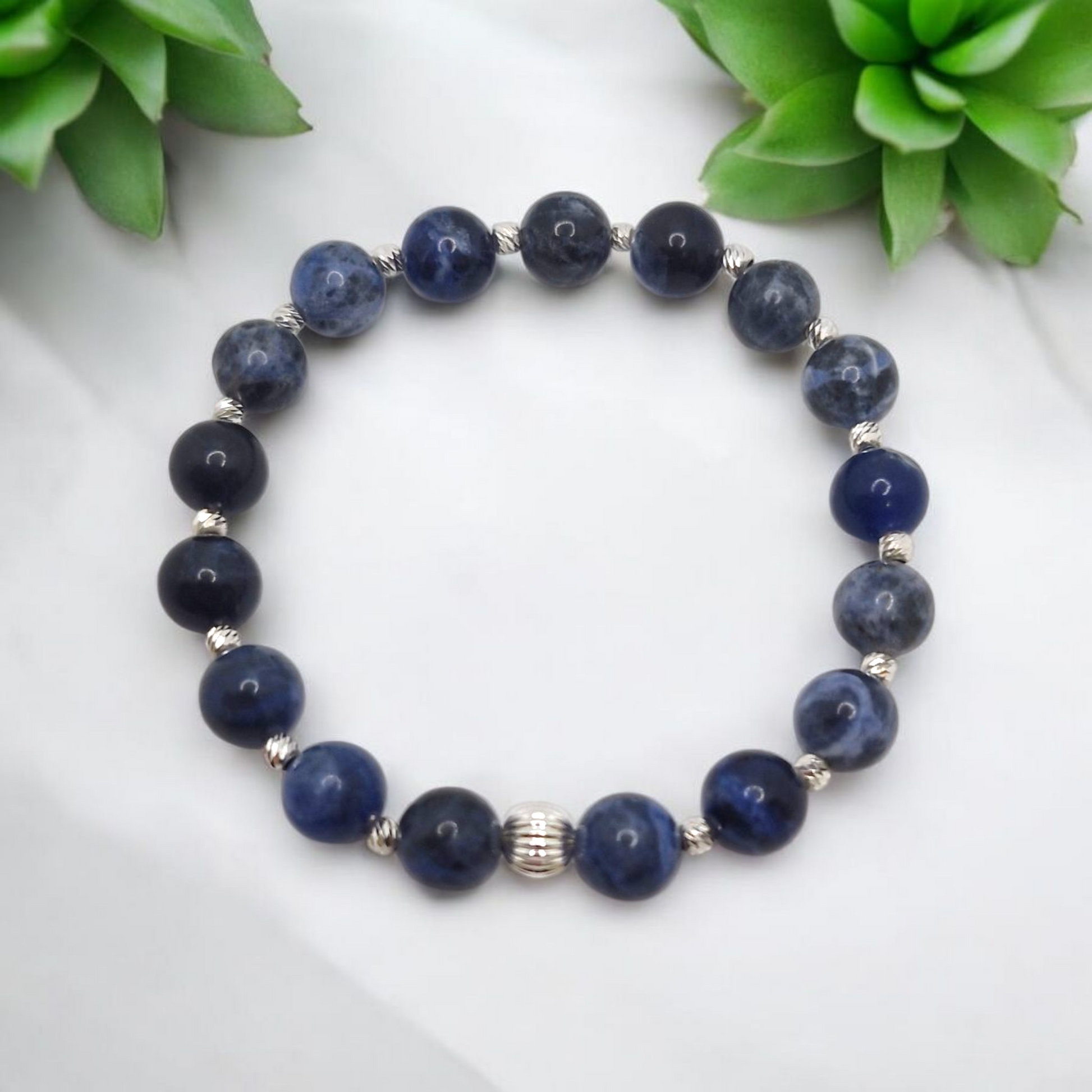Blue beads bracelet ,sterling silver accent 
