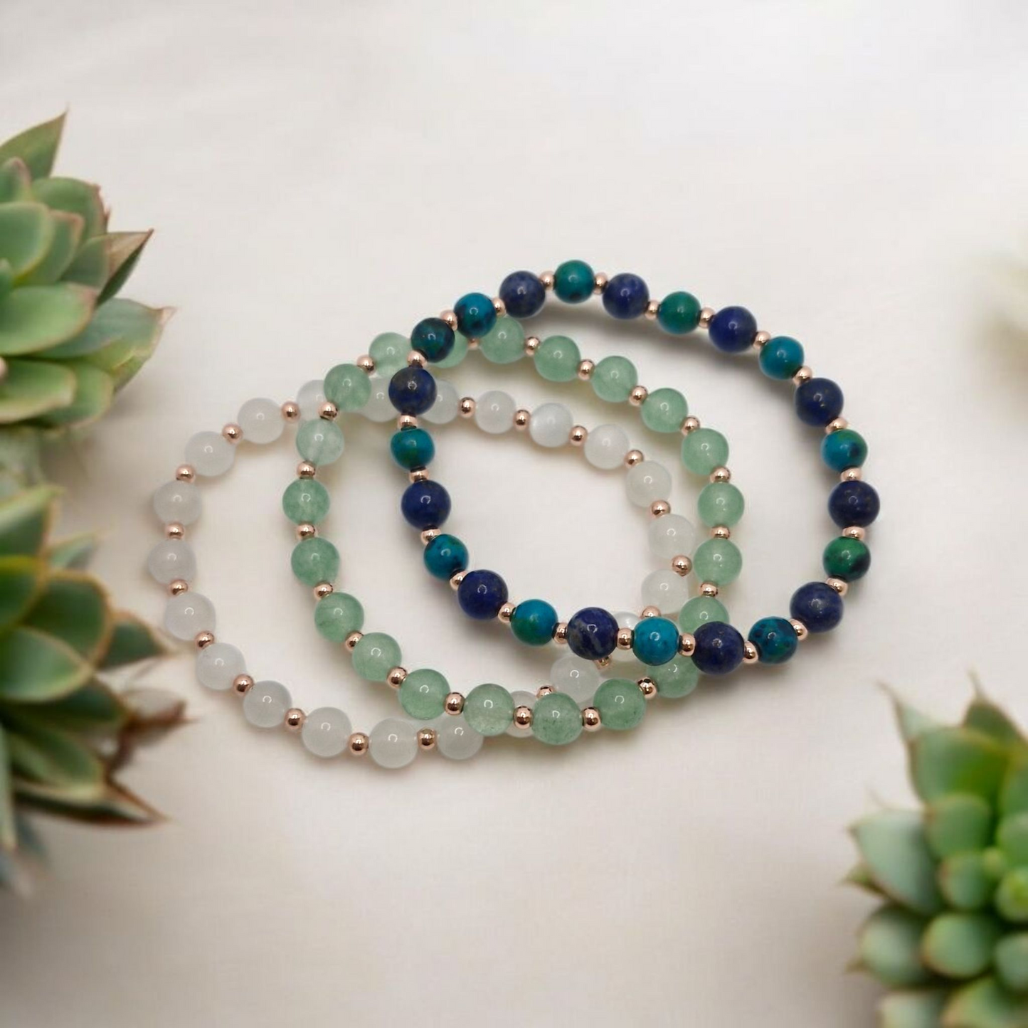 Rose Gold Gemstone Bracelet Collection – Promote Balance, Calm & Clarity -Aventurine, Moonstone, Chrysocolla/Lapis