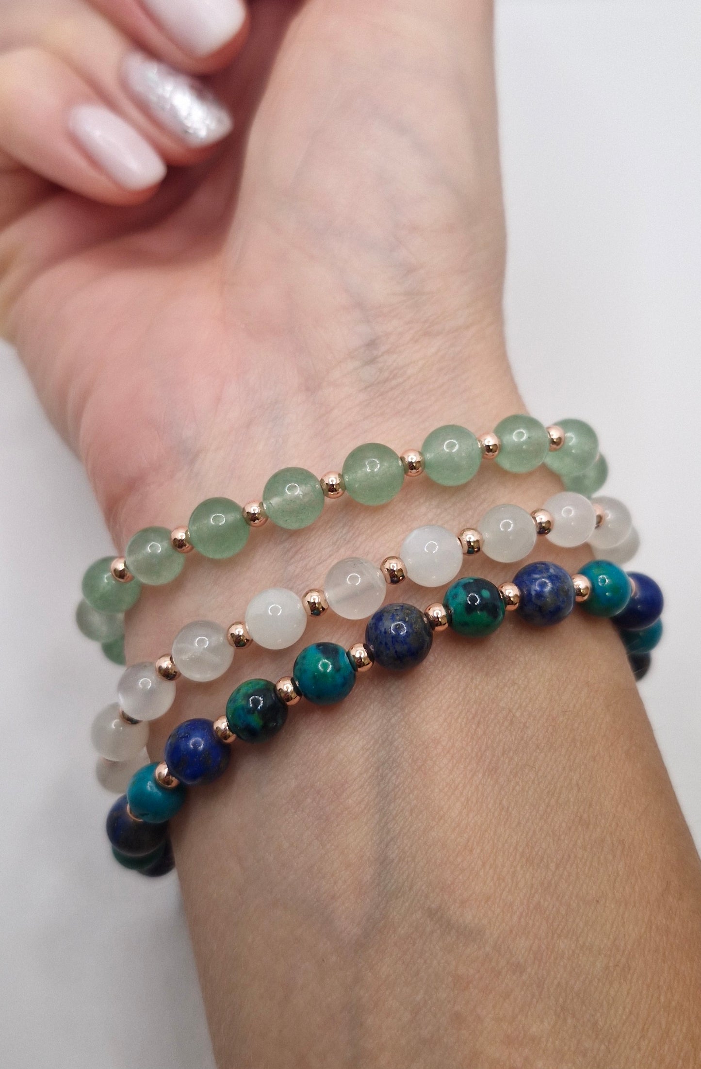 Rose Gold Gemstone Bracelet Collection – Promote Balance, Calm & Clarity -Aventurine, Moonstone, Chrysocolla/Lapis