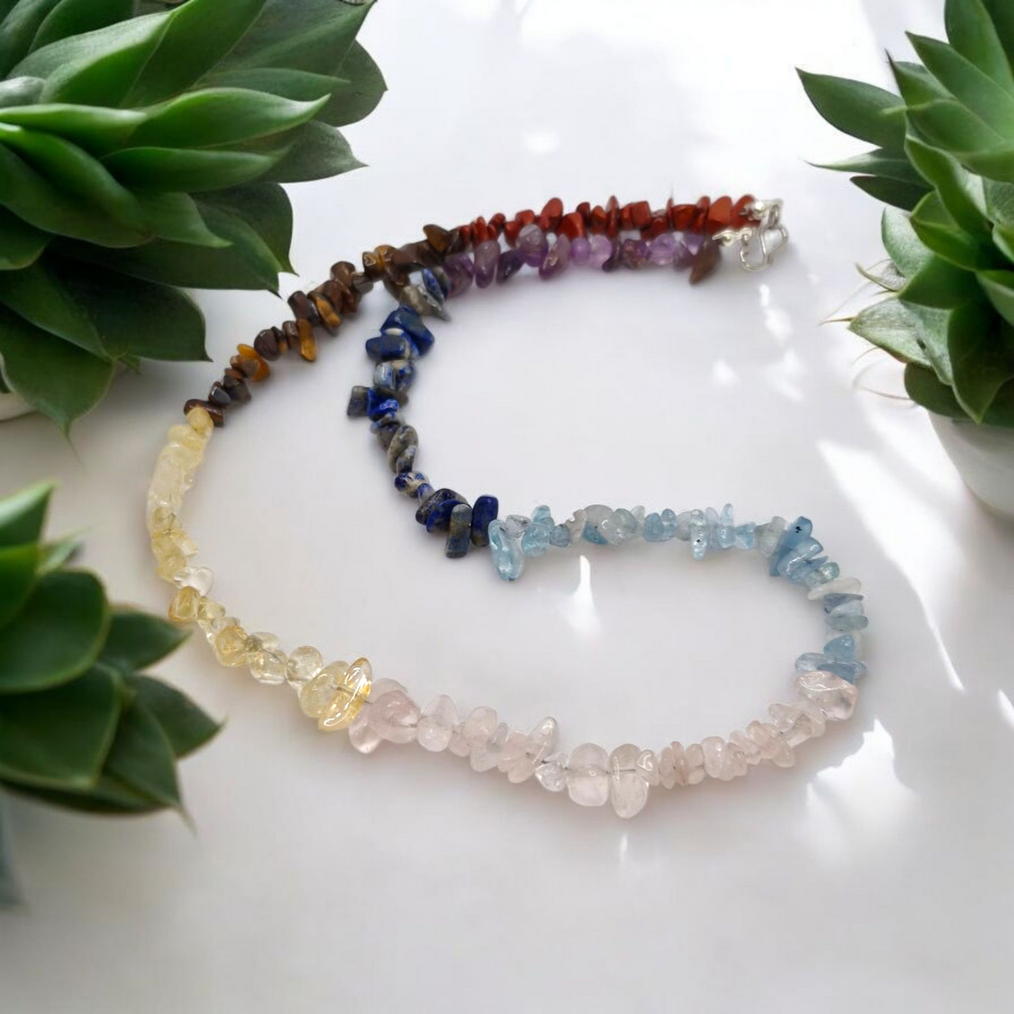 7 Chakra Gemstone Chip Necklace – Balance, Energy & Harmony | Amethyst, Lapis Lazuli, Rose Quartz, Citrine, Tiger Eye & Red Jasper