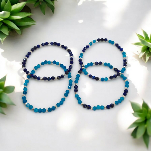 Blue Turquoise & Lapis Lazuli Stretch Bracelet for Communication and Wisdom – 4mm Faceted Gemstones with Sterling Silver