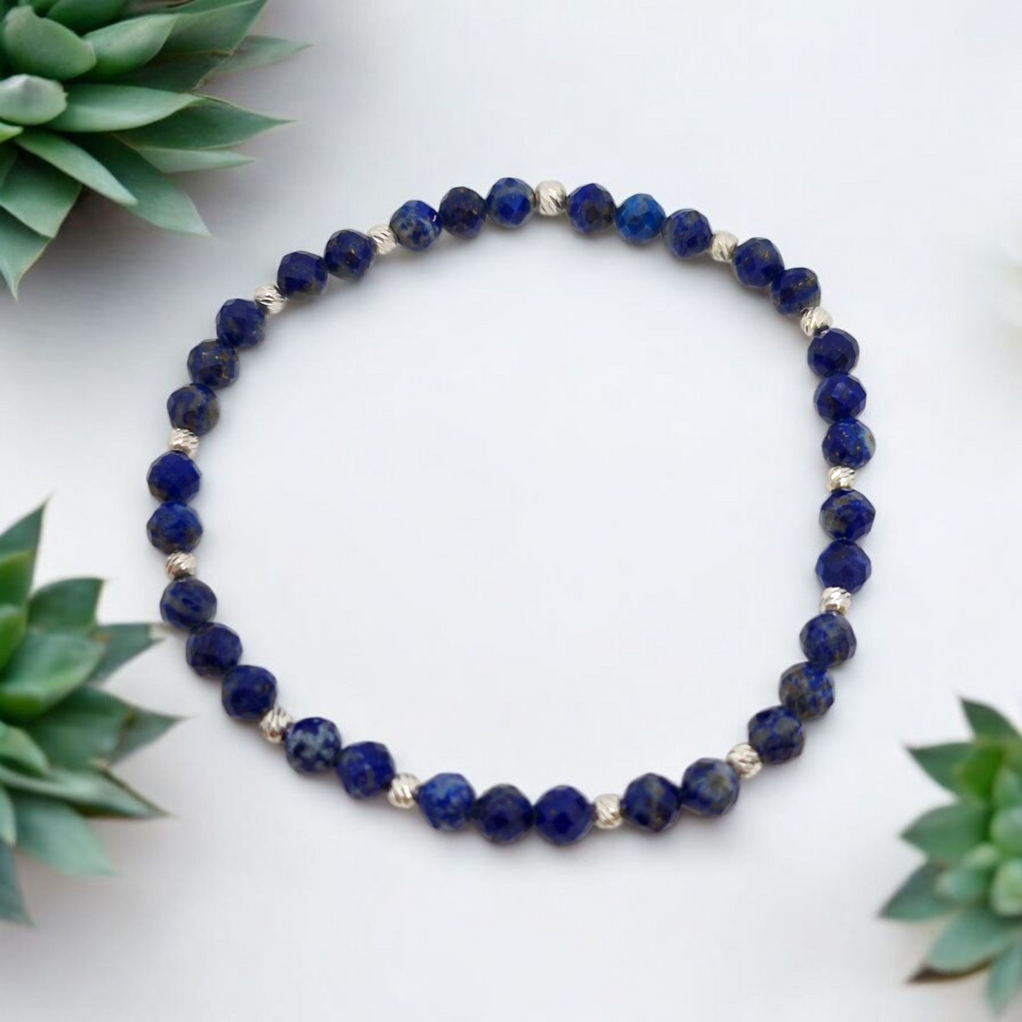 Blue Turquoise & Lapis Lazuli Stretch Bracelet for Communication and Wisdom – 4mm Faceted Gemstones with Sterling Silver
