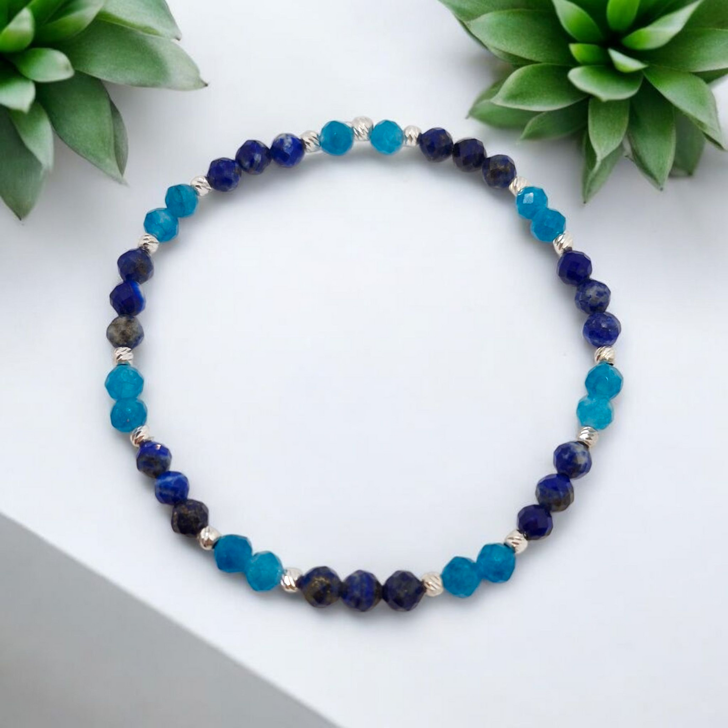 Blue Turquoise & Lapis Lazuli Stretch Bracelet for Communication and Wisdom – 4mm Faceted Gemstones with Sterling Silver