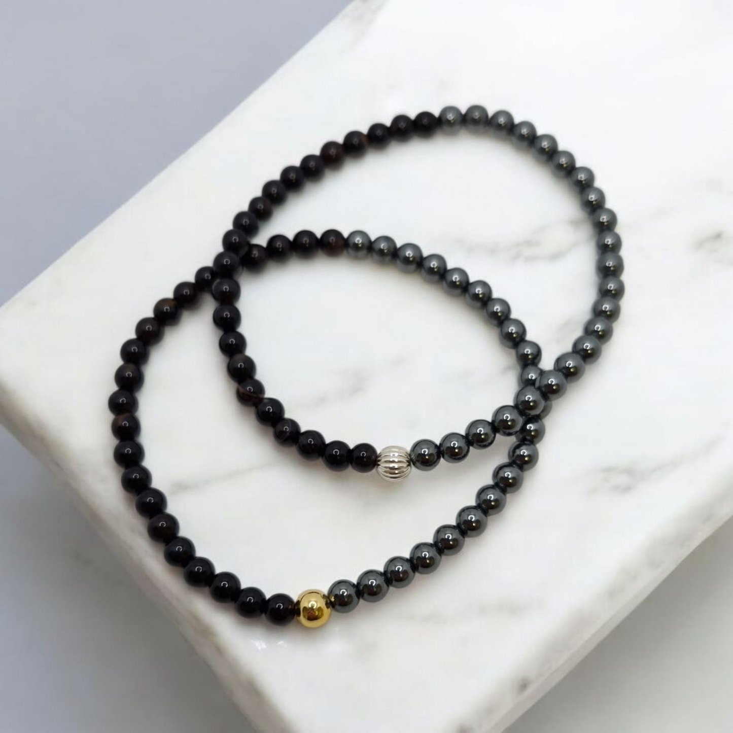 Dual Gemstone Bracelet – Hematite & Black Onyx (4mm Grade A Natural Gemstones with Gold-Plated or Sterling Silver Accent for Strength & Protection)