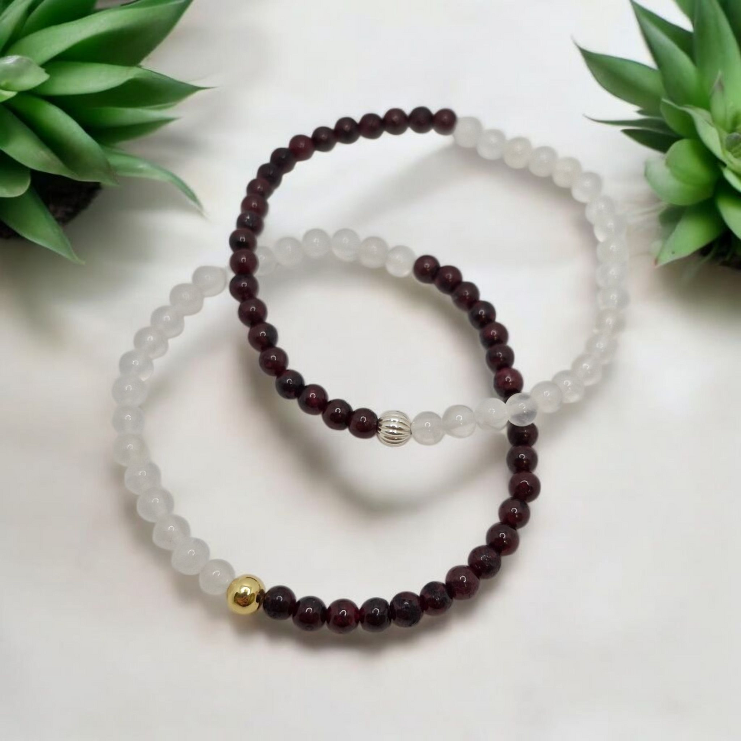 Dual Gemstone Bracelet – Natural Garnet & Snow Quartz (4mm Gemstones with Gold-Plated or Sterling Silver Accent for Passion & Clarity)
