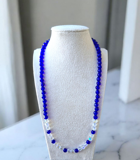 Dark blue and clear Czech crystal 6mm faceted bead necklace with stainless steel magnetic clasp