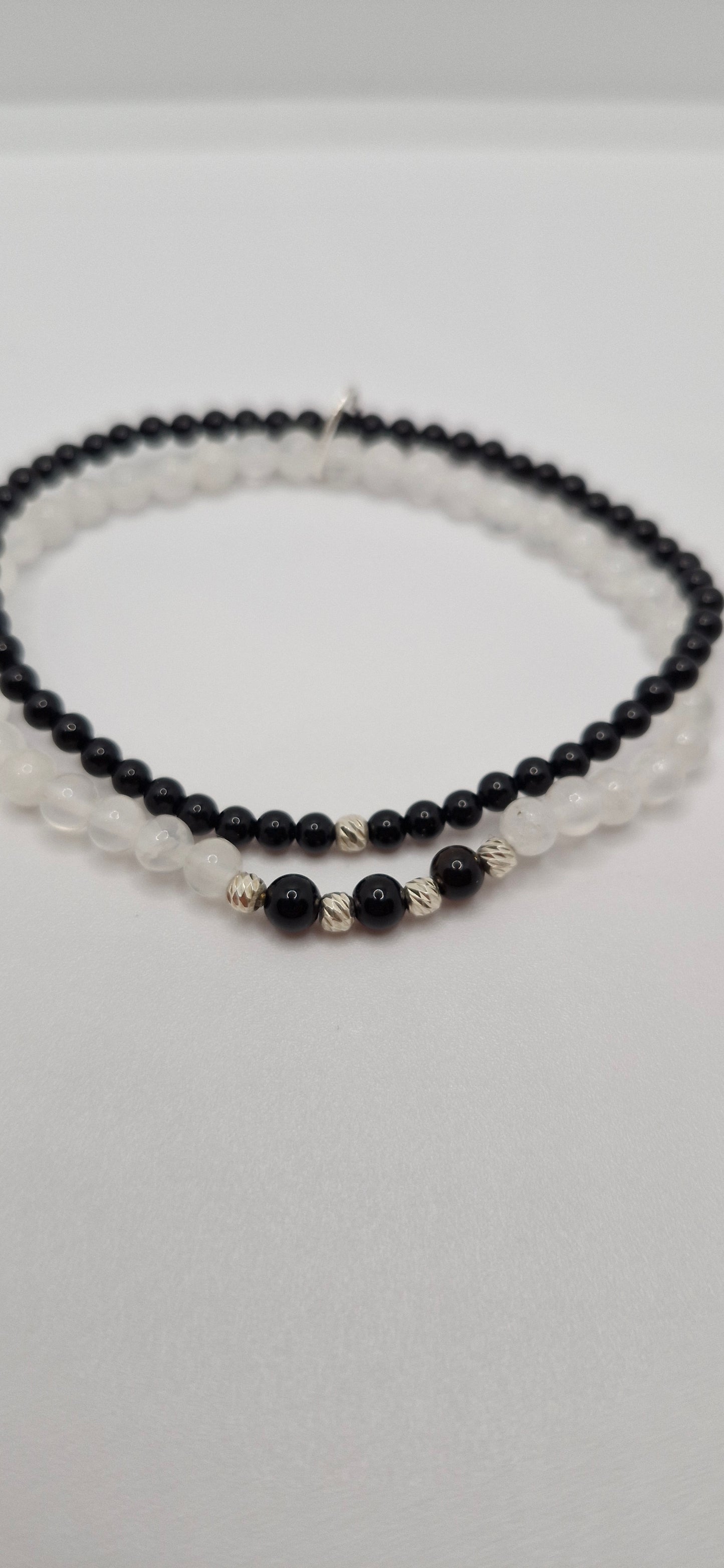 Yin & Yang Bracelet – Balance, Harmony & Love | Natural Snow Quartz & Black Onyx with Sterling Silver Heart