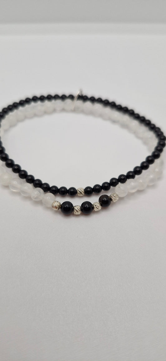 Yin & Yang Bracelet – Balance, Harmony & Love | Natural Snow Quartz & Black Onyx with Sterling Silver Heart