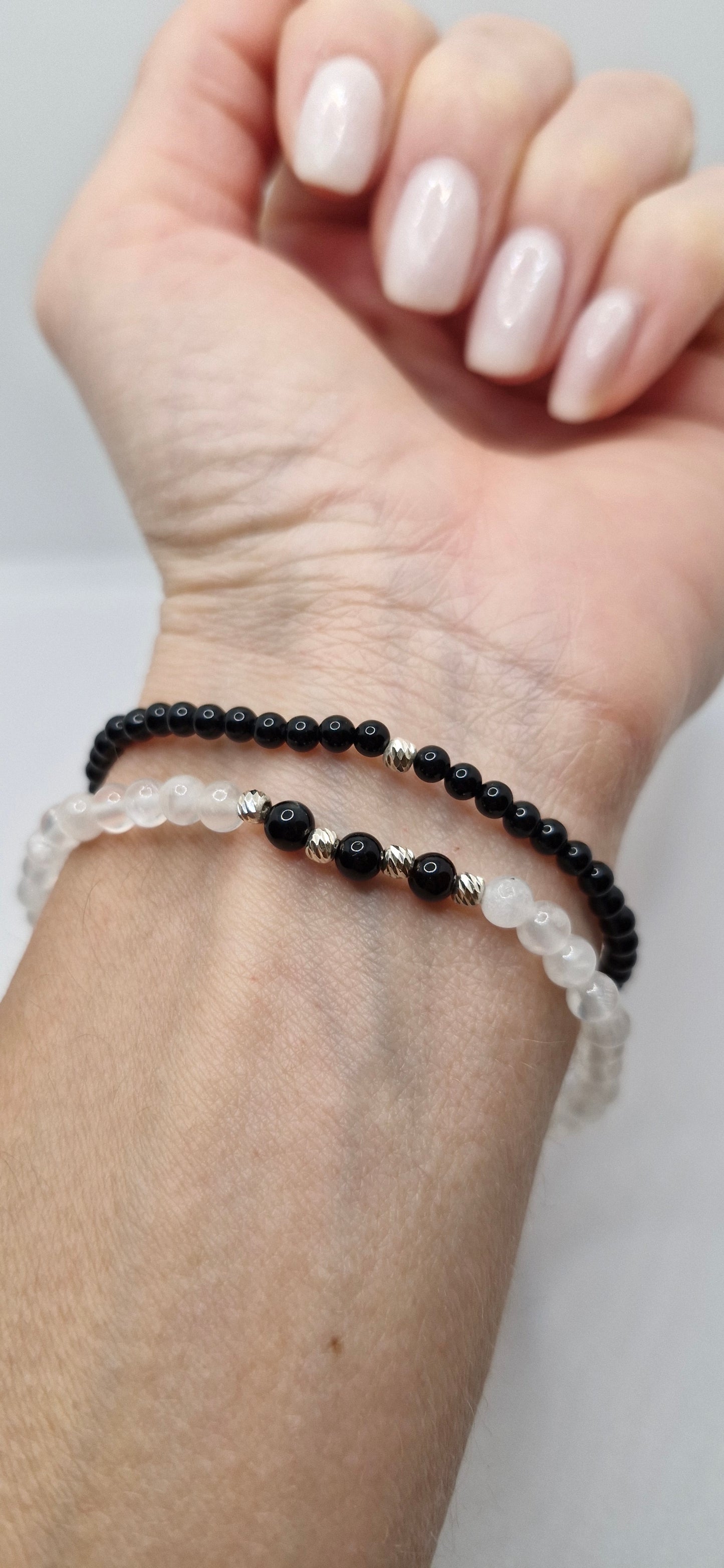 Yin & Yang Bracelet – Balance, Harmony & Love | Natural Snow Quartz & Black Onyx with Sterling Silver Heart