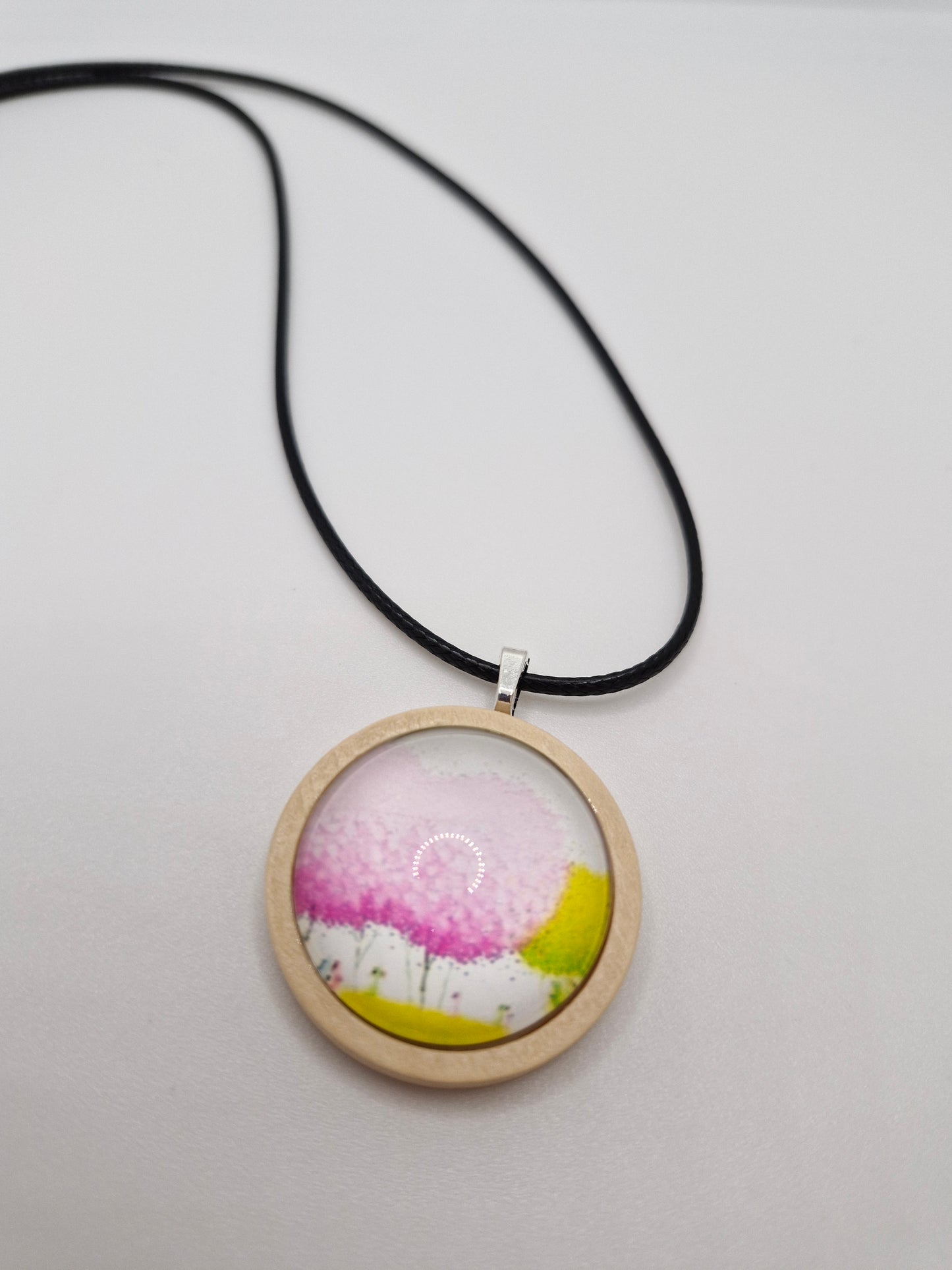 Tree of Life Necklace, Wooden Pendant, Glass Cabochon Necklace, Boho Nature Jewelry, Spiritual Gift for Her, Black Cord