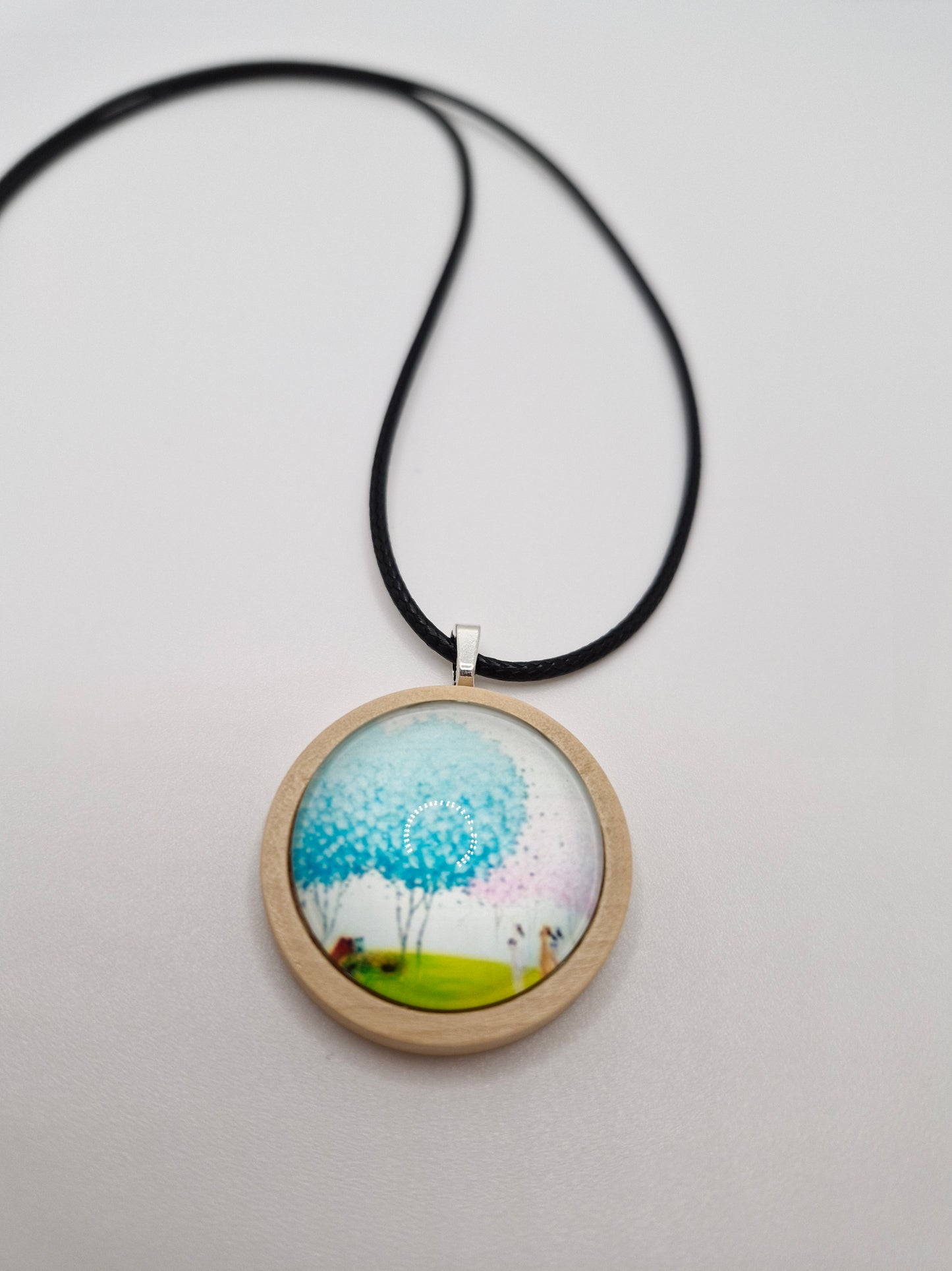 Tree of Life Necklace, Wooden Pendant, Glass Cabochon Necklace, Boho Nature Jewelry, Spiritual Gift for Her, Black Cord