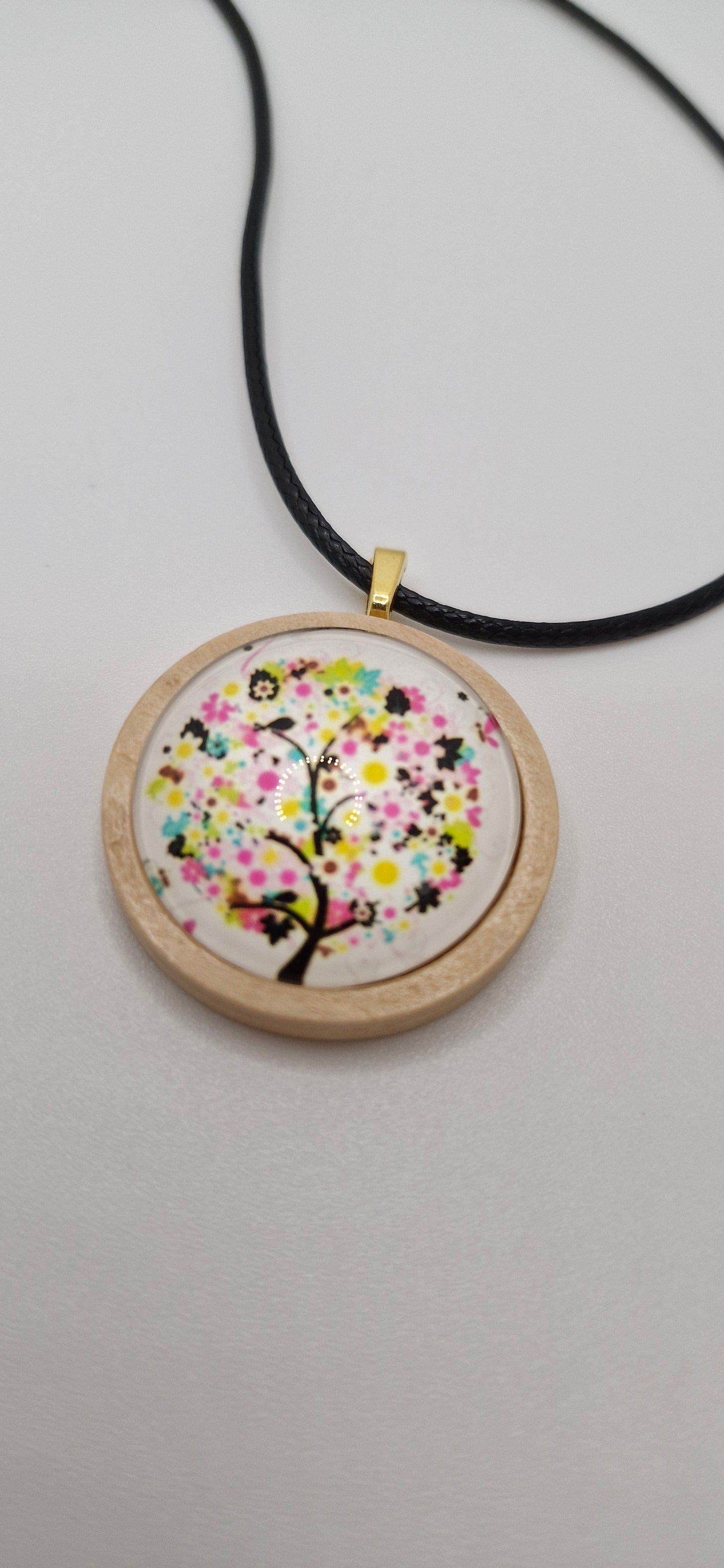 Tree of Life Necklace, Wooden Pendant, Glass Cabochon Necklace, Boho Nature Jewelry, Spiritual Gift for Her, Black Cord