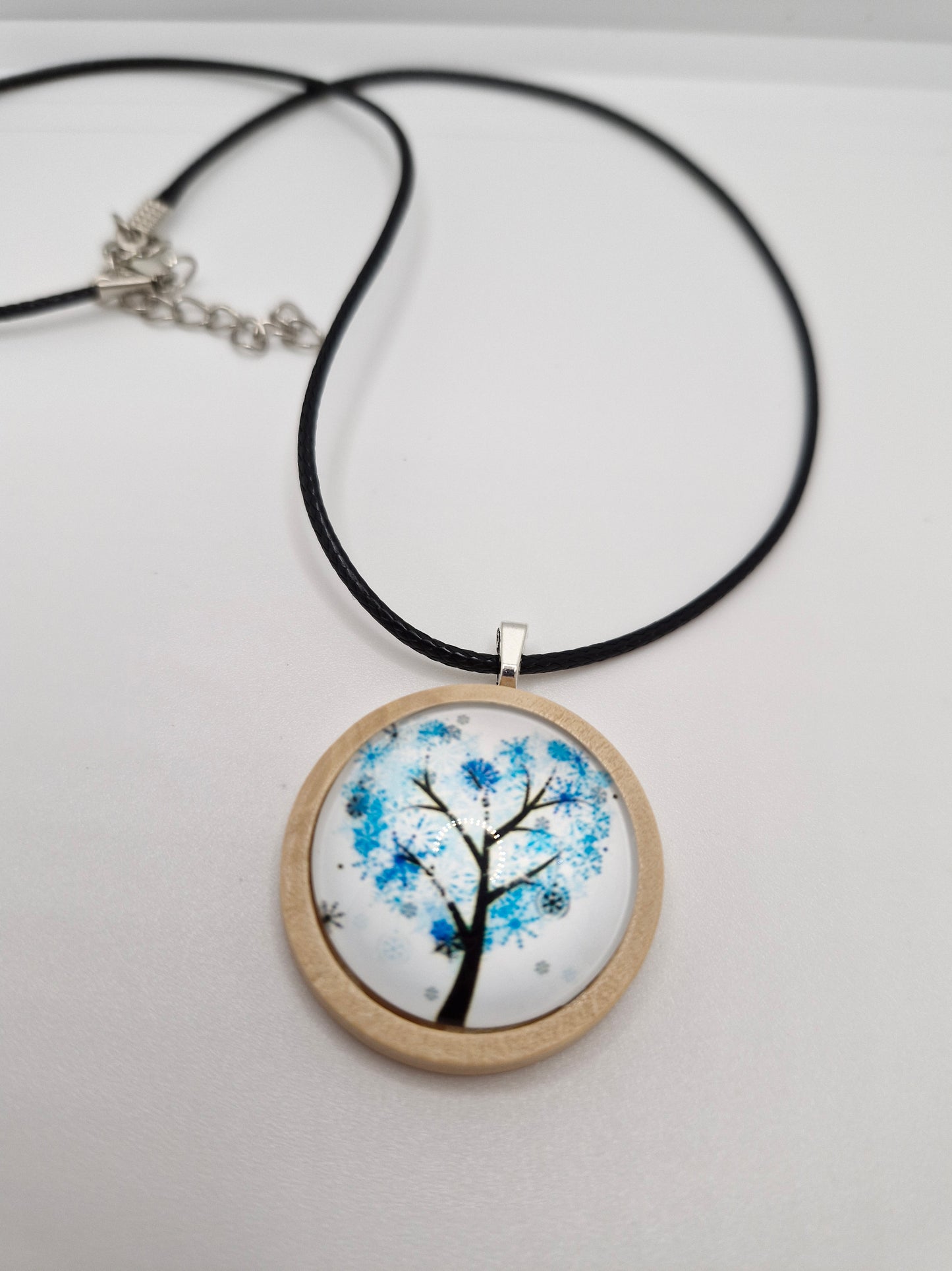 Tree of Life Necklace, Wooden Pendant, Glass Cabochon Necklace, Boho Nature Jewelry, Spiritual Gift for Her, Black Cord