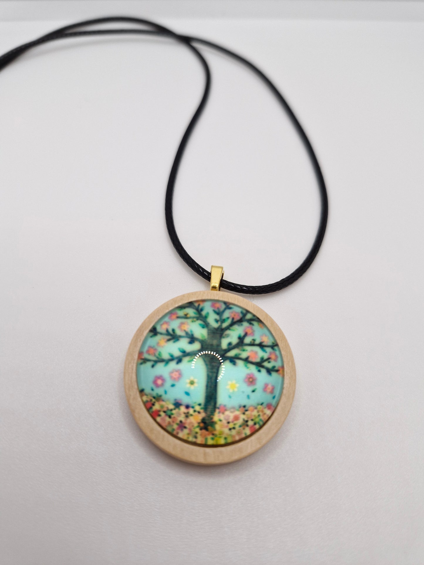 Tree of Life Necklace, Wooden Pendant, Glass Cabochon Necklace, Boho Nature Jewelry, Spiritual Gift for Her, Black Cord