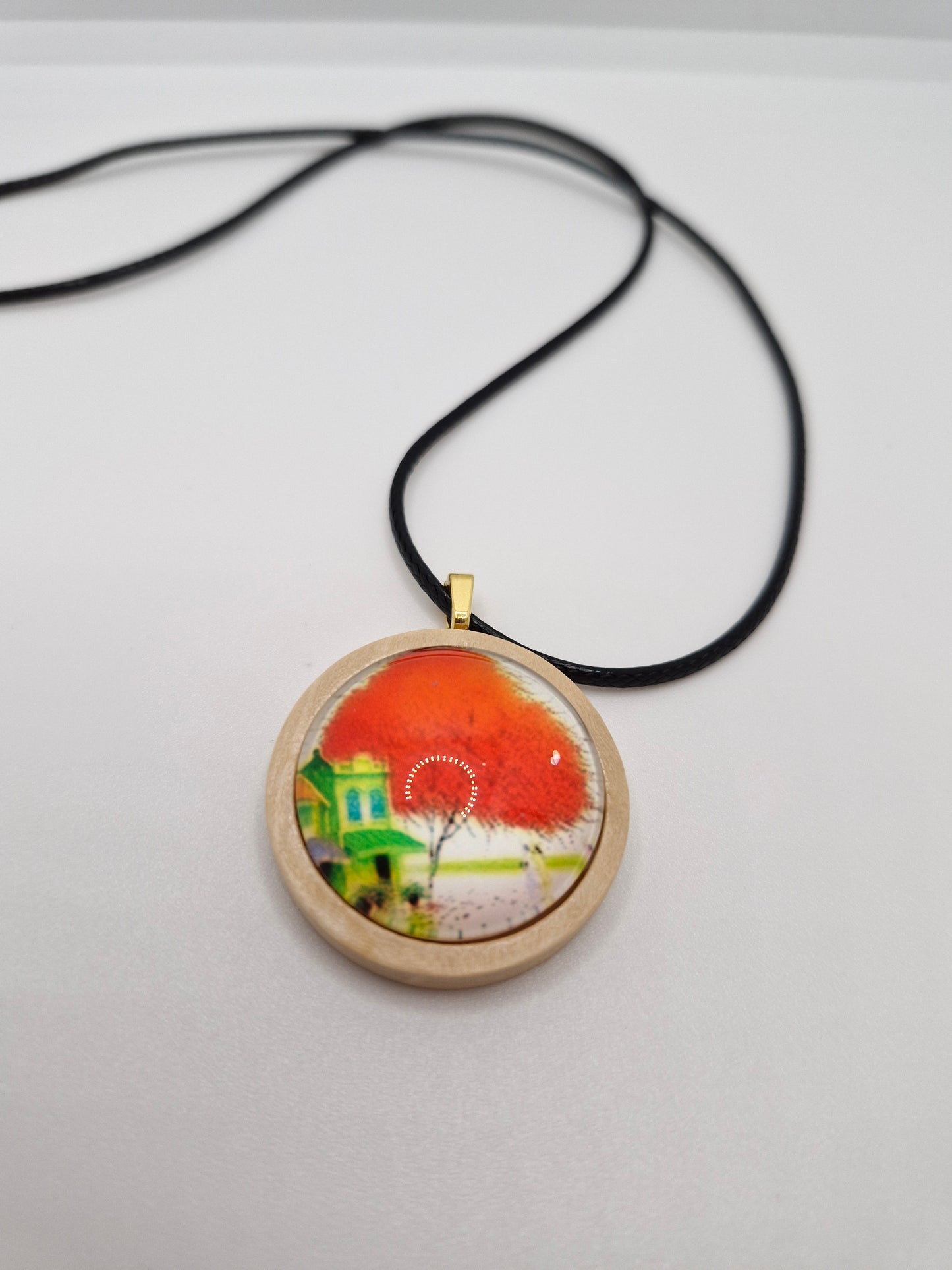 Tree of Life Necklace, Wooden Pendant, Glass Cabochon Necklace, Boho Nature Jewelry, Spiritual Gift for Her, Black Cord