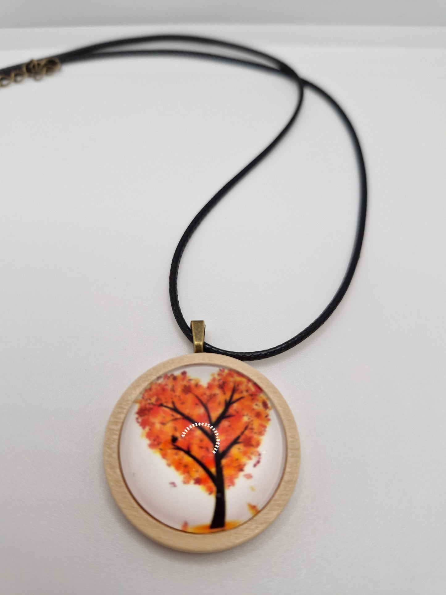 Tree of Life Necklace, Wooden Pendant, Glass Cabochon Necklace, Boho Nature Jewelry, Spiritual Gift for Her, Black Cord